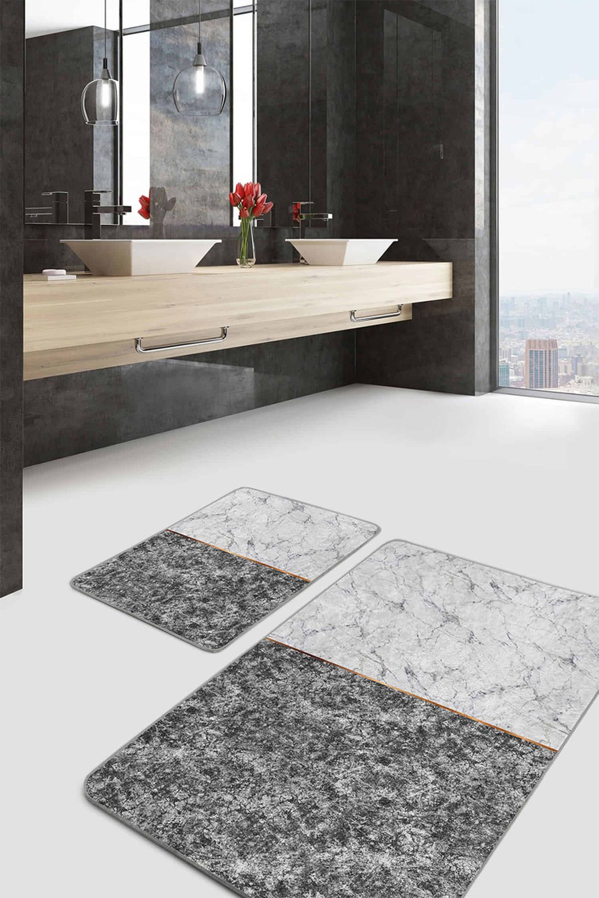 Realhomes Siyah Beyaz Mermer Tasarımlı Dijital Baskılı 2'li Kaymaz Tabanlı Banyo & Mutfak Paspas Takımı