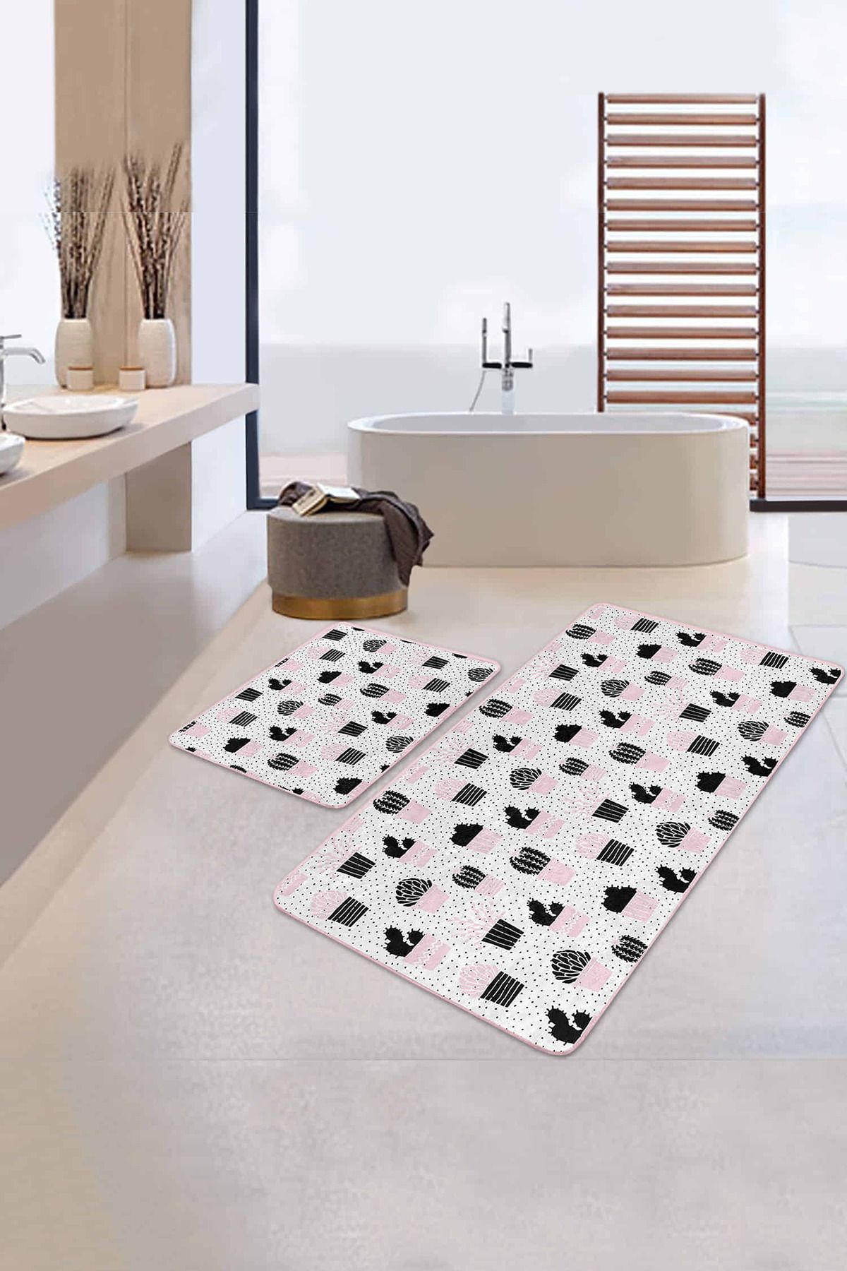 Realhomes Puantiye Zeminli Kaktüs Motifli Dijital Baskılı 2'li Kaymaz Tabanlı Banyo & Mutfak Paspas Takımı