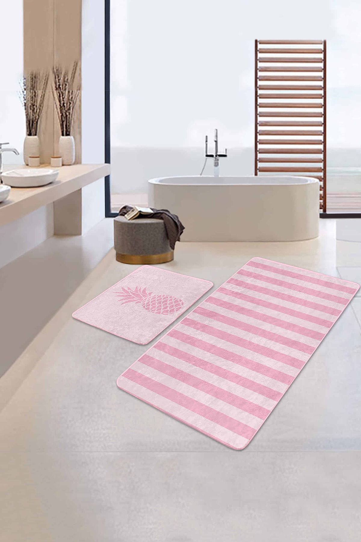 Realhomes Pembe Çizgili Ananas Motifli 2'li Kaymaz Tabanlı Banyo & Mutfak Paspas Takımı