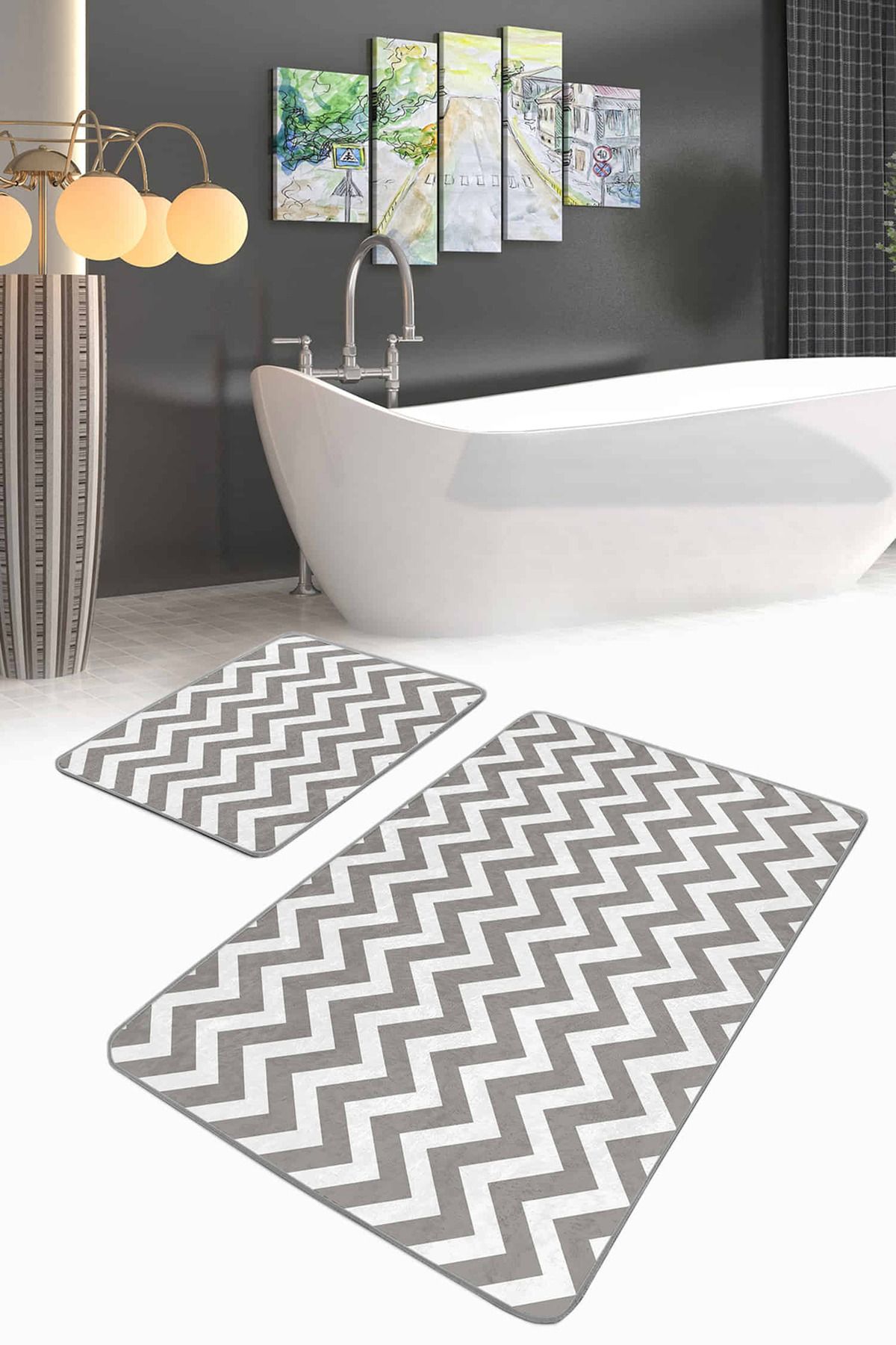 Realhomes Gri Beyaz Zigzag Tasarımlı 2'li Kaymaz Tabanlı Banyo & Mutfak Paspas Takımı
