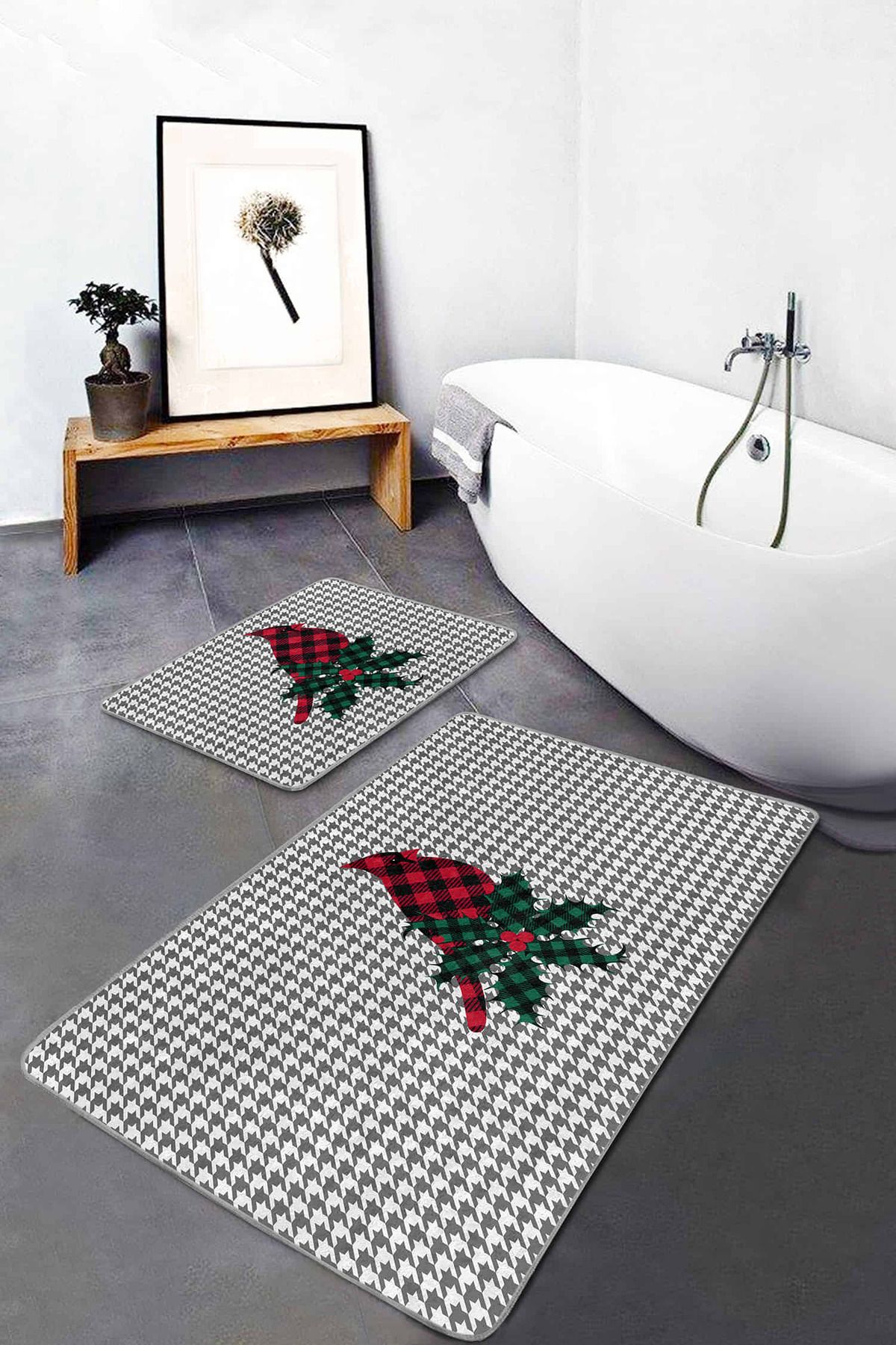 Realhomes Onedraw Temalı Özel Tasarım Dijital Baskılı 2'li Kaymaz Tabanlı Banyo & Mutfak Paspas Takımı