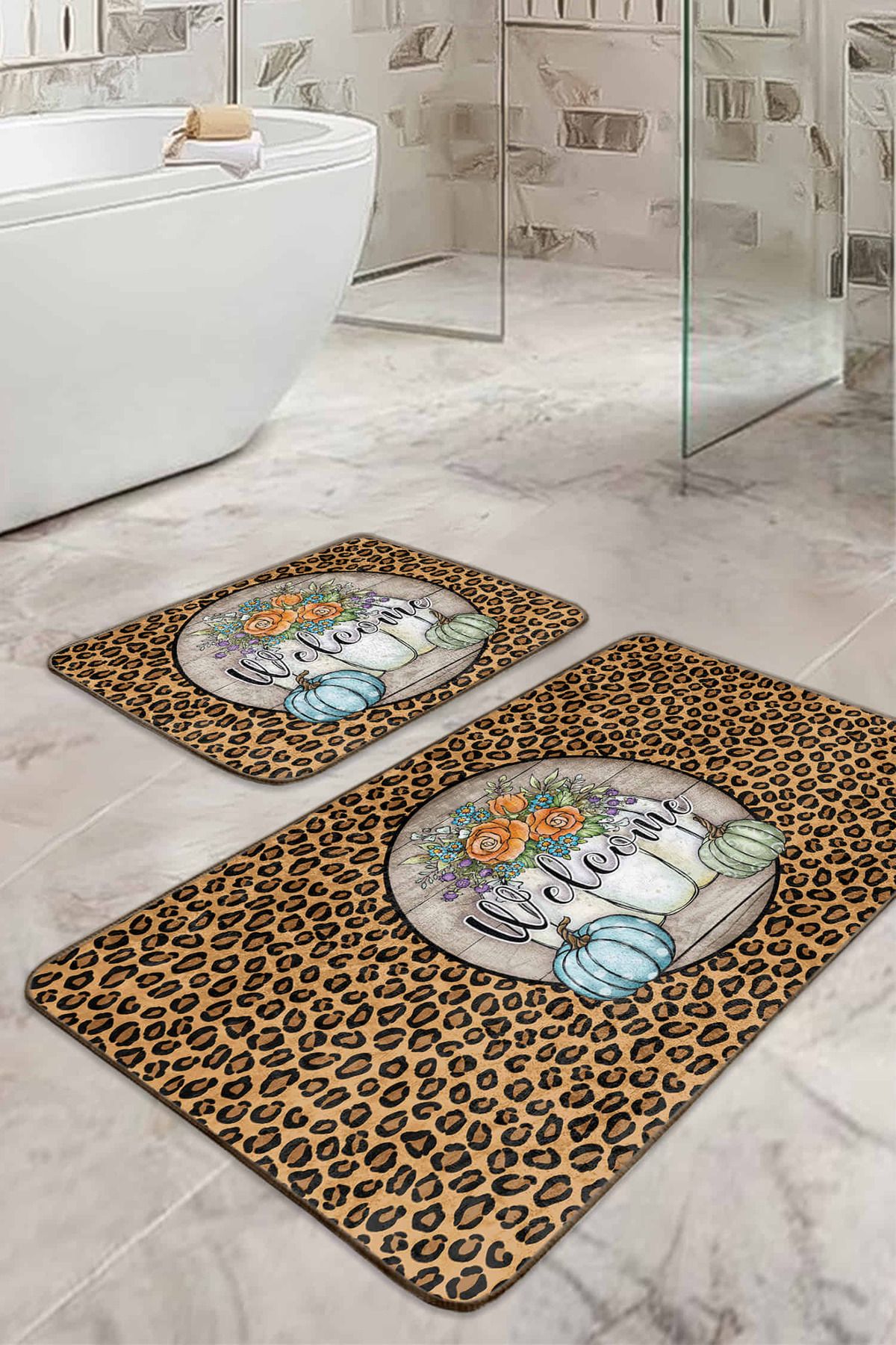 Realhomes Zebra Motifli Welcome Temalı 2'li Banyo Halısı Seti & Klozet Paspas Takımı