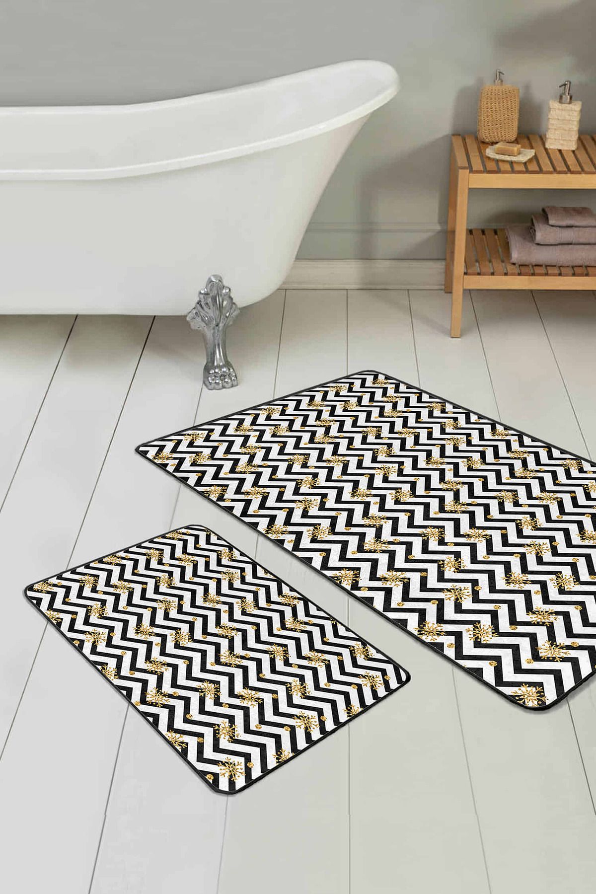 Realhomes Siyah Beyaz Zigzag Gold Detaylı Kar Taneleri 2'li Kaymaz Tabanlı Banyo & Mutfak Paspas Takımı