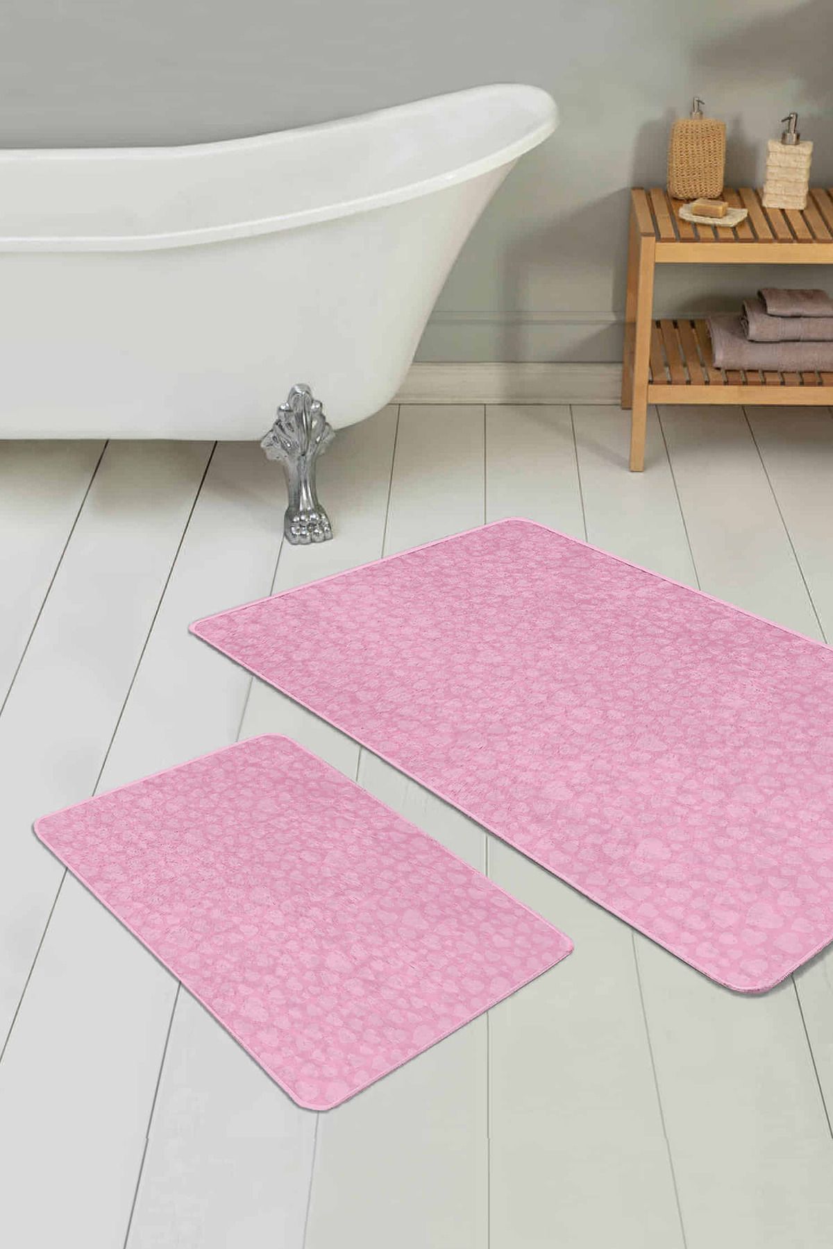 Realhomes Pembe Temalı Love Tasarımlı Dijital Baskılı 2'li Kaymaz Tabanlı Banyo & Mutfak Paspas Takımı