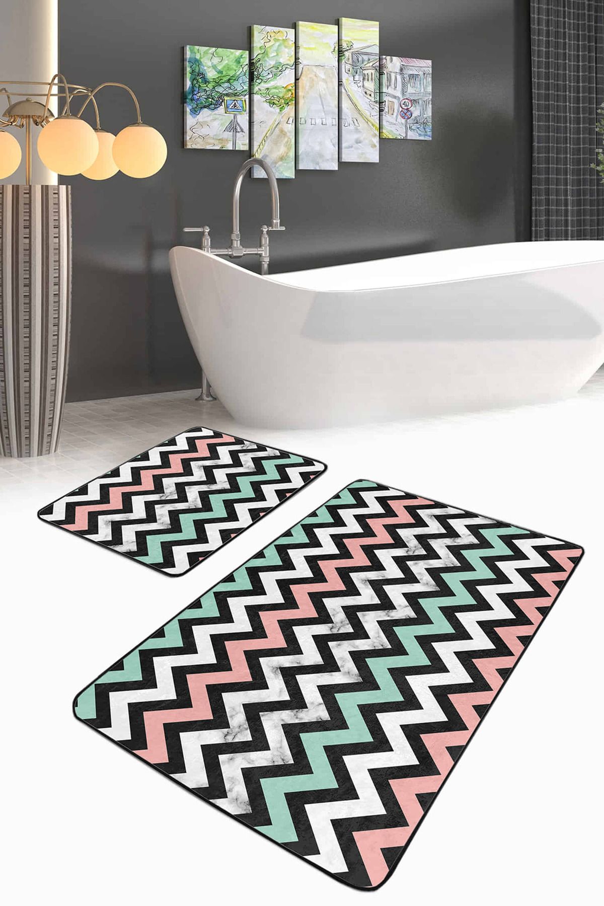 Realhomes Soft Renkli Zigzag Tasarımlı Dijital Baskılı 2'li Kaymaz Tabanlı Banyo & Mutfak Paspas Takımı