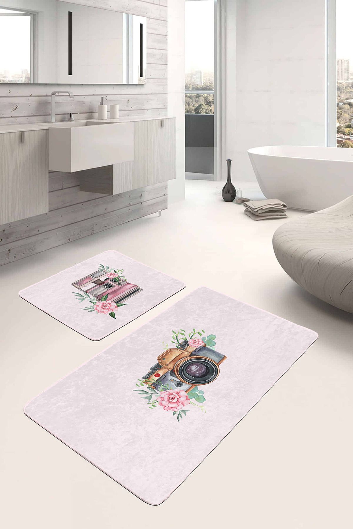 Realhomes Retro Fotoğraf Makinası Dijital Baskılı 2'li Kaymaz Tabanlı Banyo & Mutfak Paspas Takımı