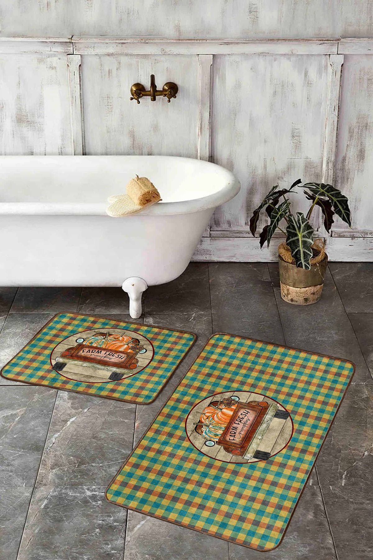 Realhomes Kabak Temalı Ekose Tasarımlı 2'li Klozet Paspas Takımı & Banyo Paspas Seti