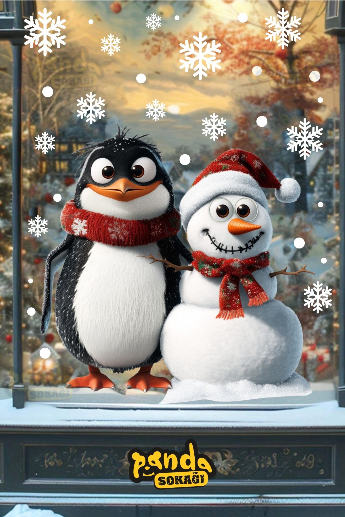 PANDA SOKAĞI Yılbaşı Penguen ve Dostu Kardan Adam Kar Taneleri Sticker Seti, Kardan Adam ve Kar Tanesi Sticker