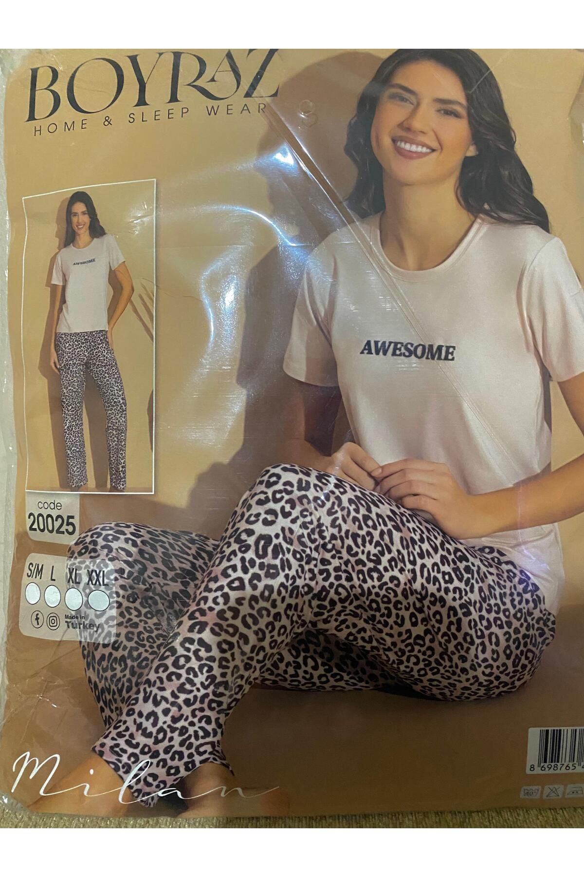 BOYRAZ Kadın Milan Bisiklet Yaka Kısa Kol Ince Pijama Takımı 1 Adet - L - Leopar Desenli