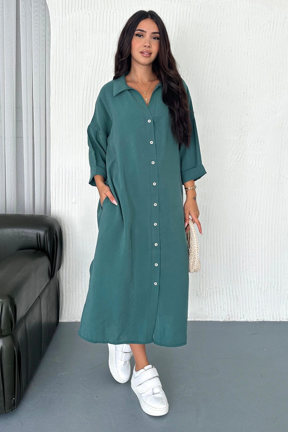 Meine Liebe Unterwäsche Kadın Oversize Modal Gömlek Elbise – Cepli, Düğmeli, Yazlık Rahat Model Çağla
