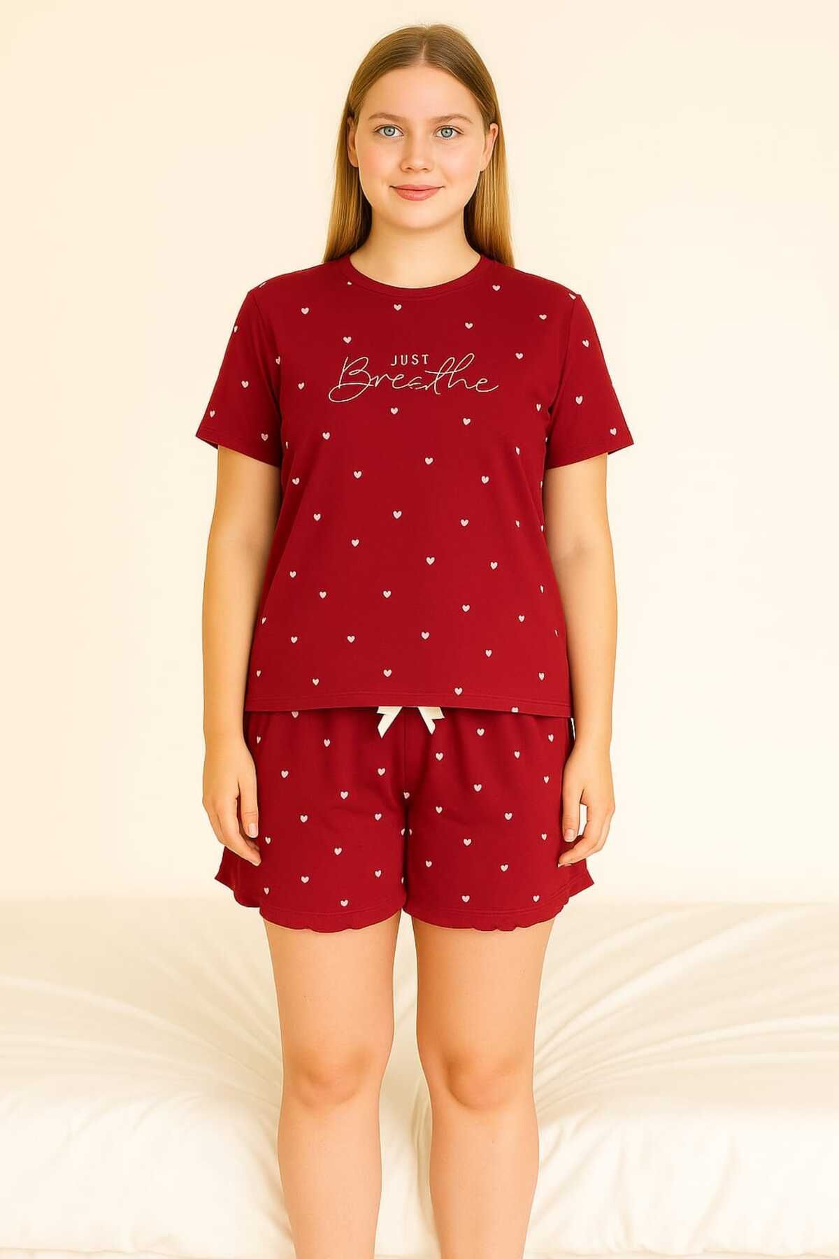 unbranded Kalp Desenli Kırmızı Kısa Kollu Şortlu Pijama Takımı
