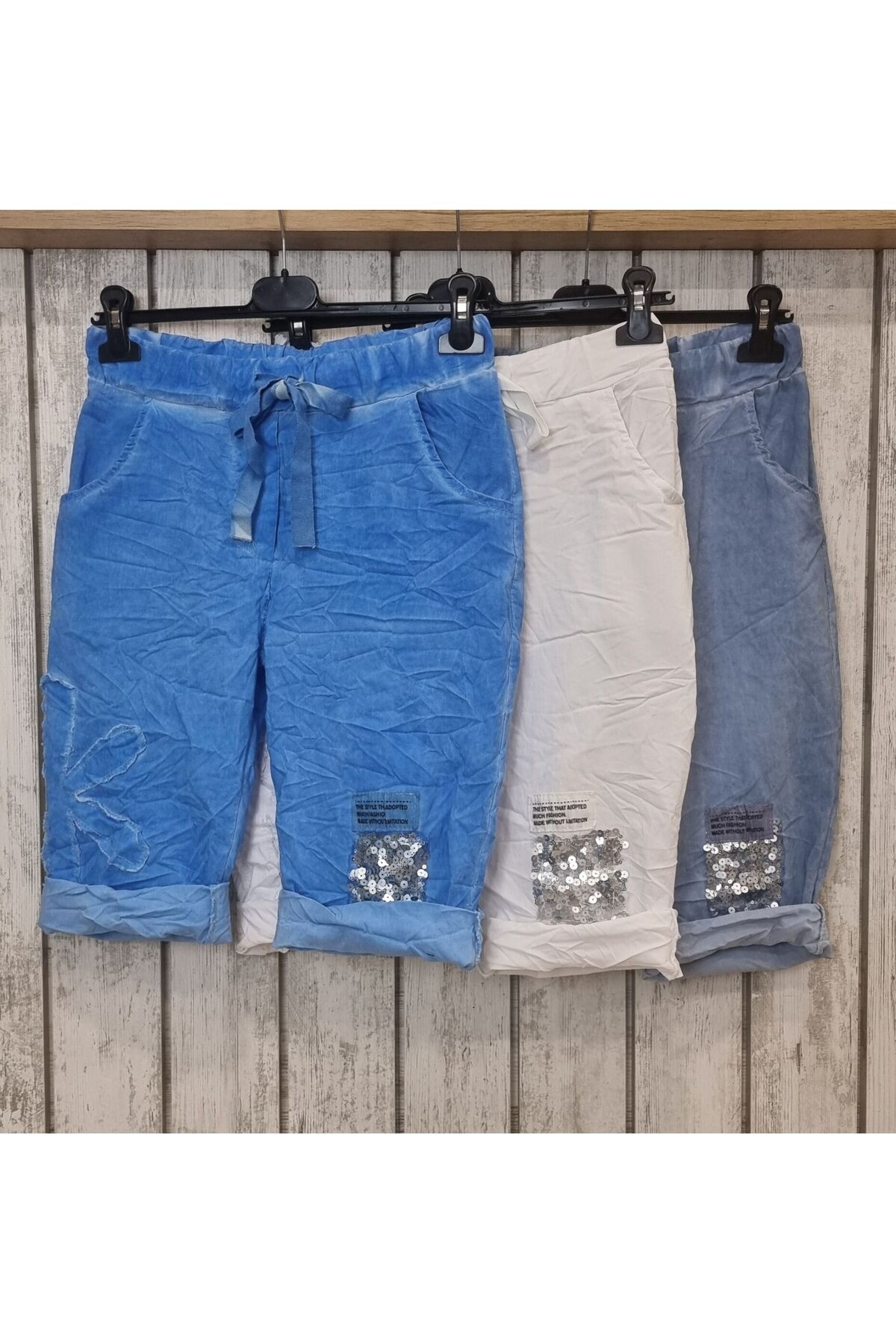 pudubutik Payetli Likralı İtalyan Denim Mavi Bermuda Şort