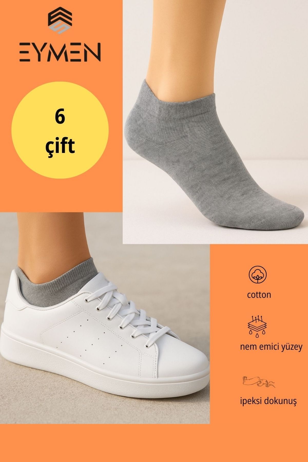 Eymen Socks Unisex Patik Çorap 6'lı Paket – Pamuklu, Kuşaklı, Kadın Erkek Kullanıma Uygun