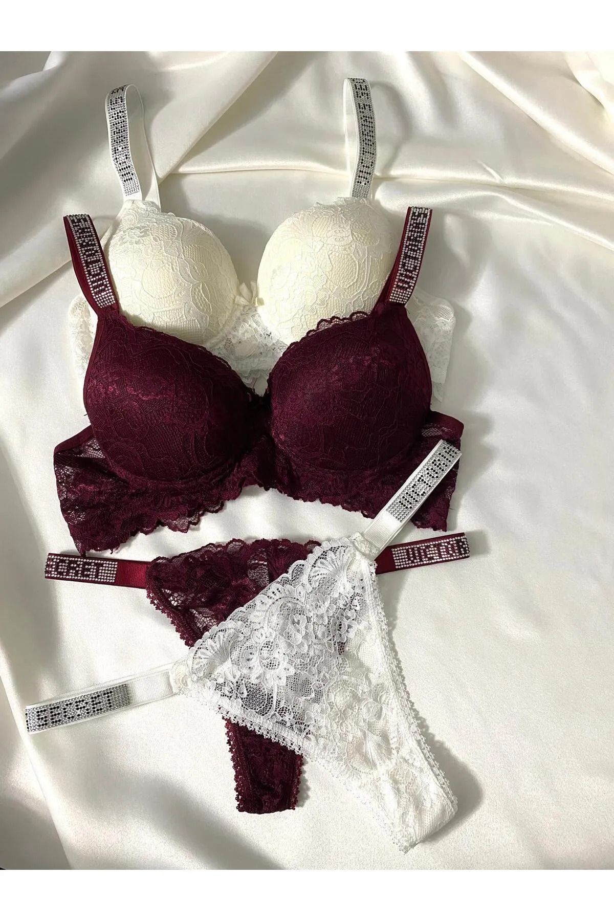 Beyaz Gelincik Underwear Kadın Dantelli Taşlı Destekli Dolgulu Push Up Sütyen Takımı Iç Çamaşırı Takımı İkili Paket Avantajlı