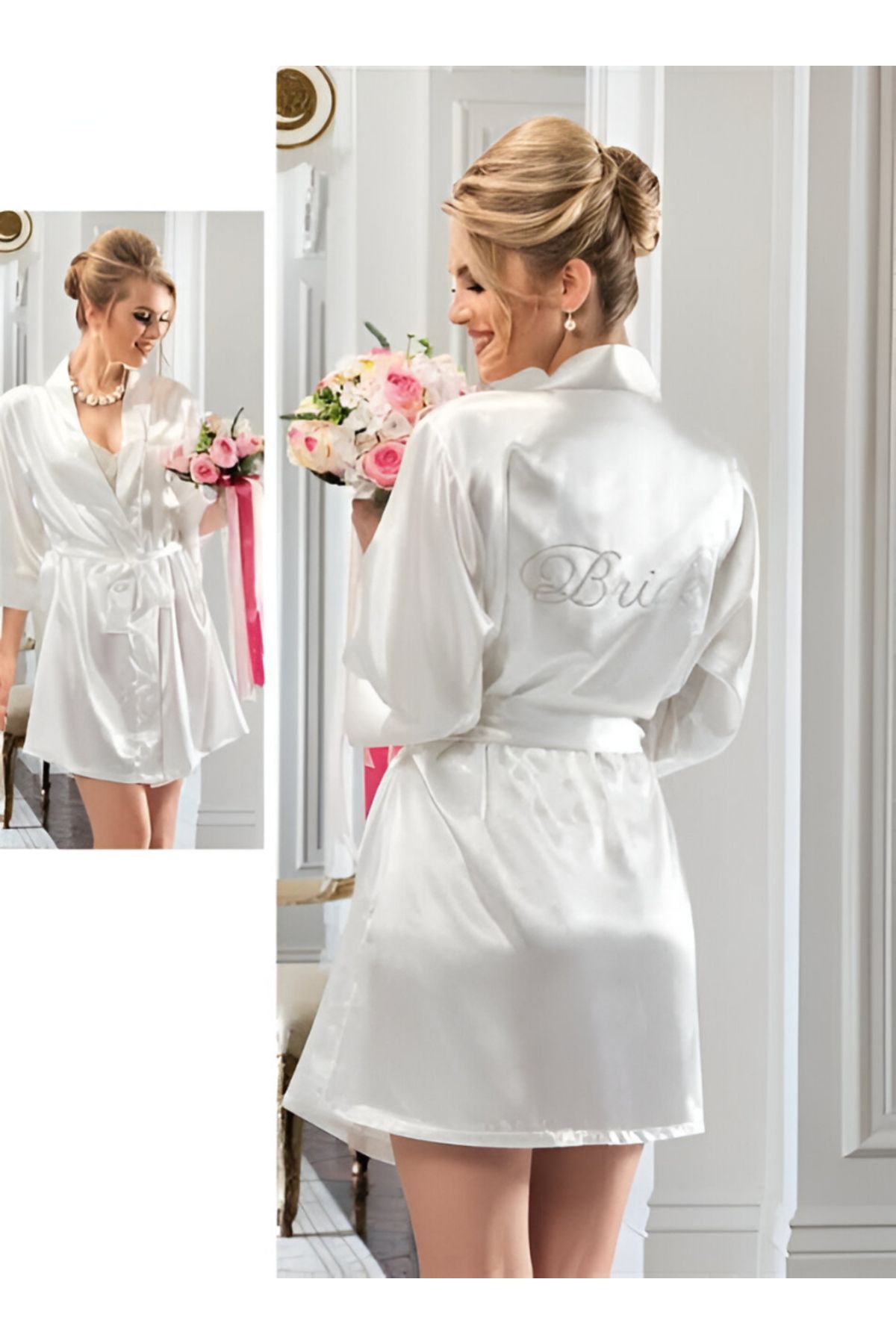 Home Ekru bride saten sabahlık L/XL