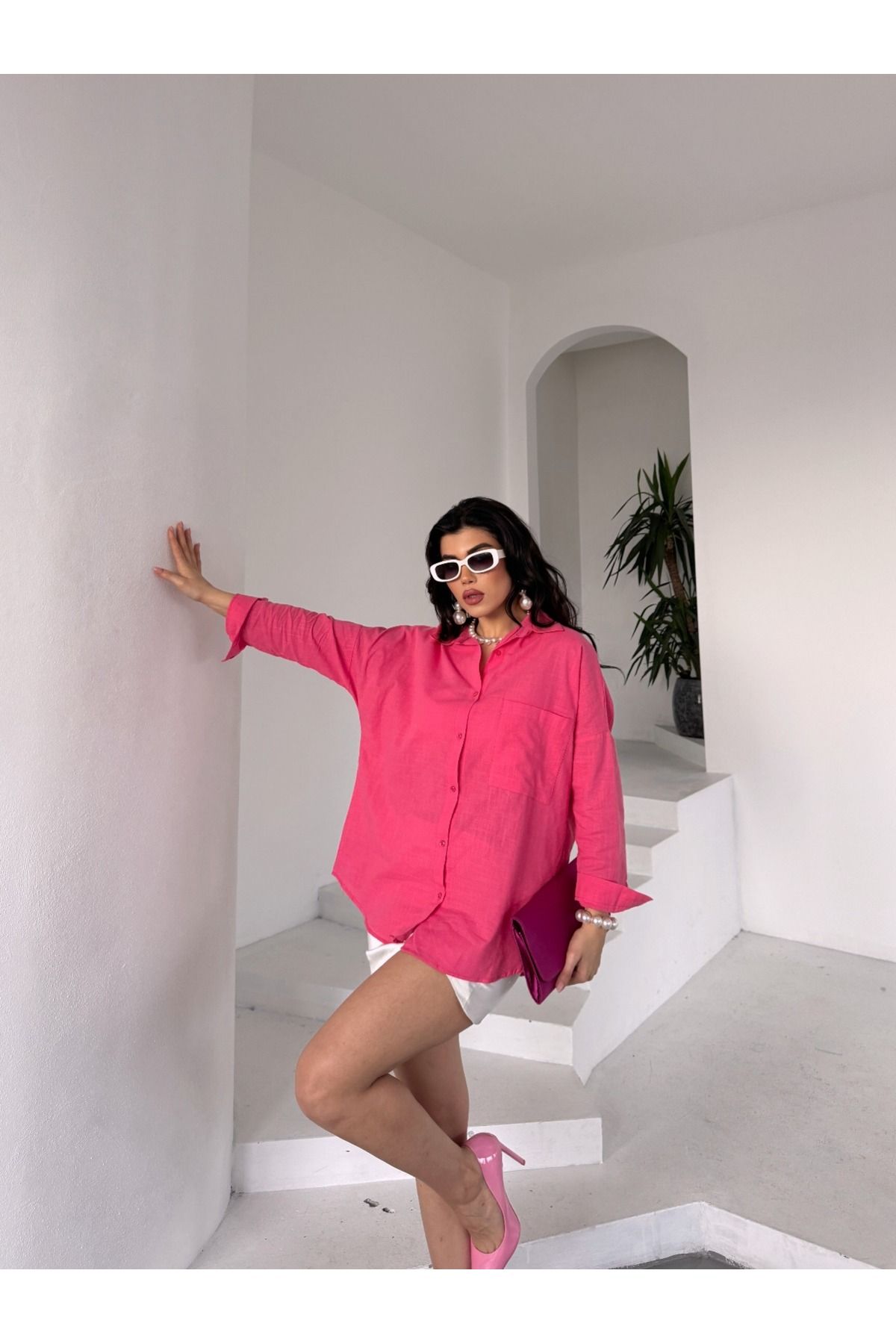 DAFFODİL Flamlı Keten Tek Cep Oversized Gömlek