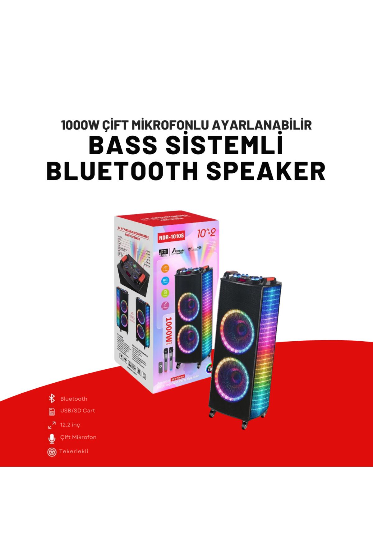 NDR -1212S 100 Watt ( 12 INCH x 2 ) + TWEETER Çift Kablosuz Mikrofonlu BT / USB ve TF Kart Hoparlör