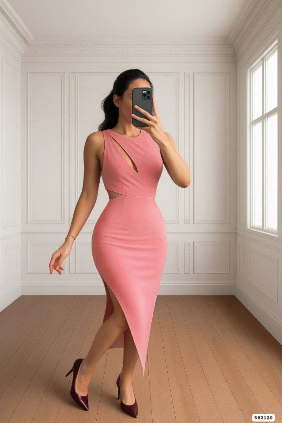 velmorafashion Kadın Goğüs Detaylı Sırt Dekoltelı Yırtmaç Detaylı Scuba Elbise