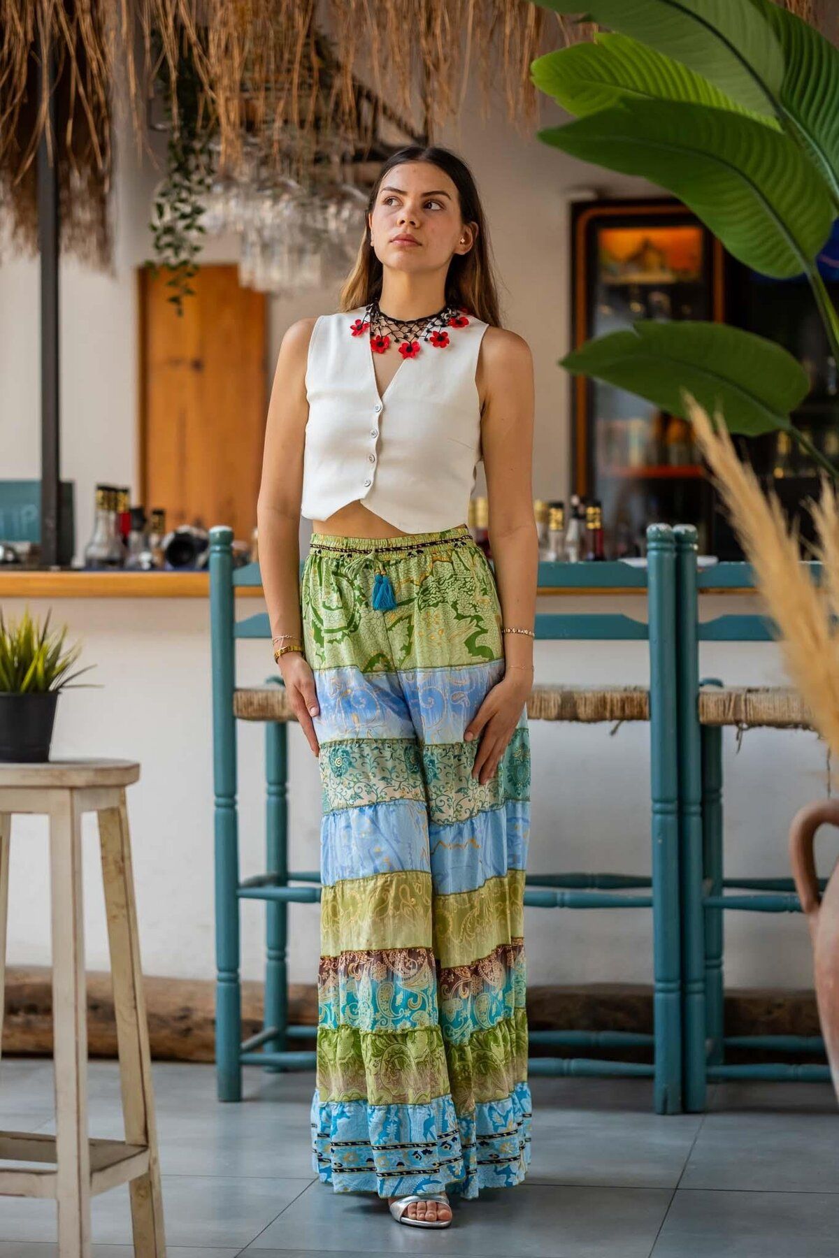 Miss Boheme Yeşil Renk Bohem Patchwork Palazzo İpek Pantolon