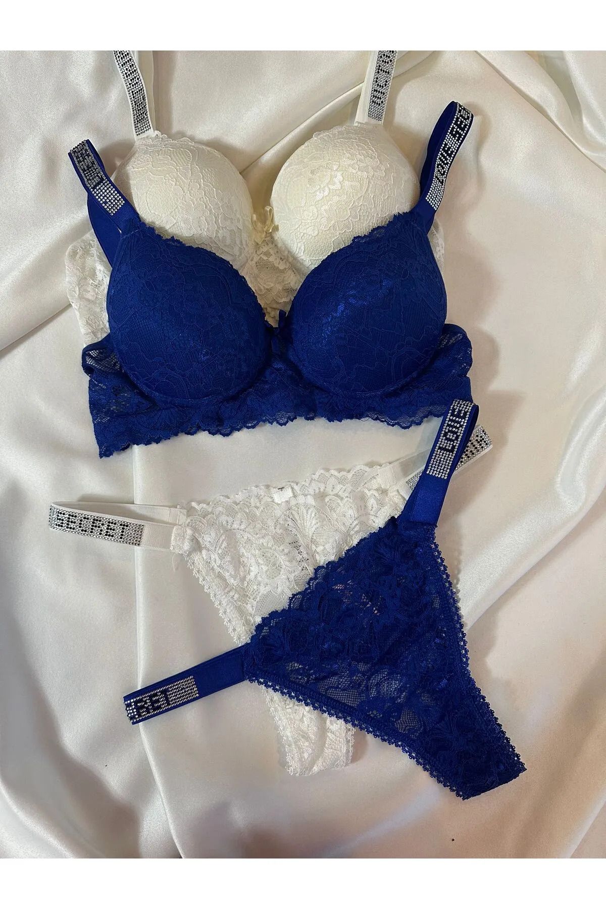 Beyaz Gelincik Underwear Kadın Dantelli Taşlı Destekli Dolgulu Push Up Sütyen Takımı Iç Çamaşırı Takımı İkili Paket Avantajlı