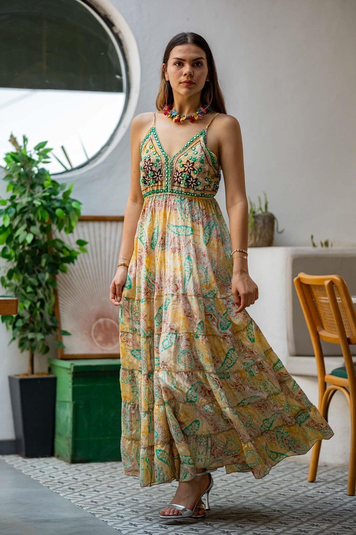 Miss Boheme Sarı Renk Çiçek Desenli Askılı İpek Elbise