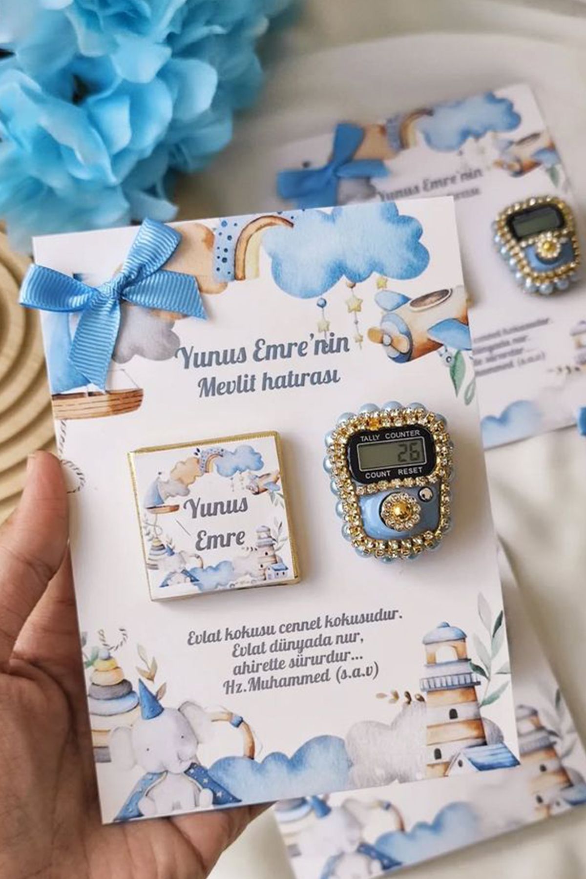 Mapel 15 adet zikirmatik ve çikolata Süslemeli Kart Bebek,söz,nişan,nikah,kına,doğumgünü,mevlüt