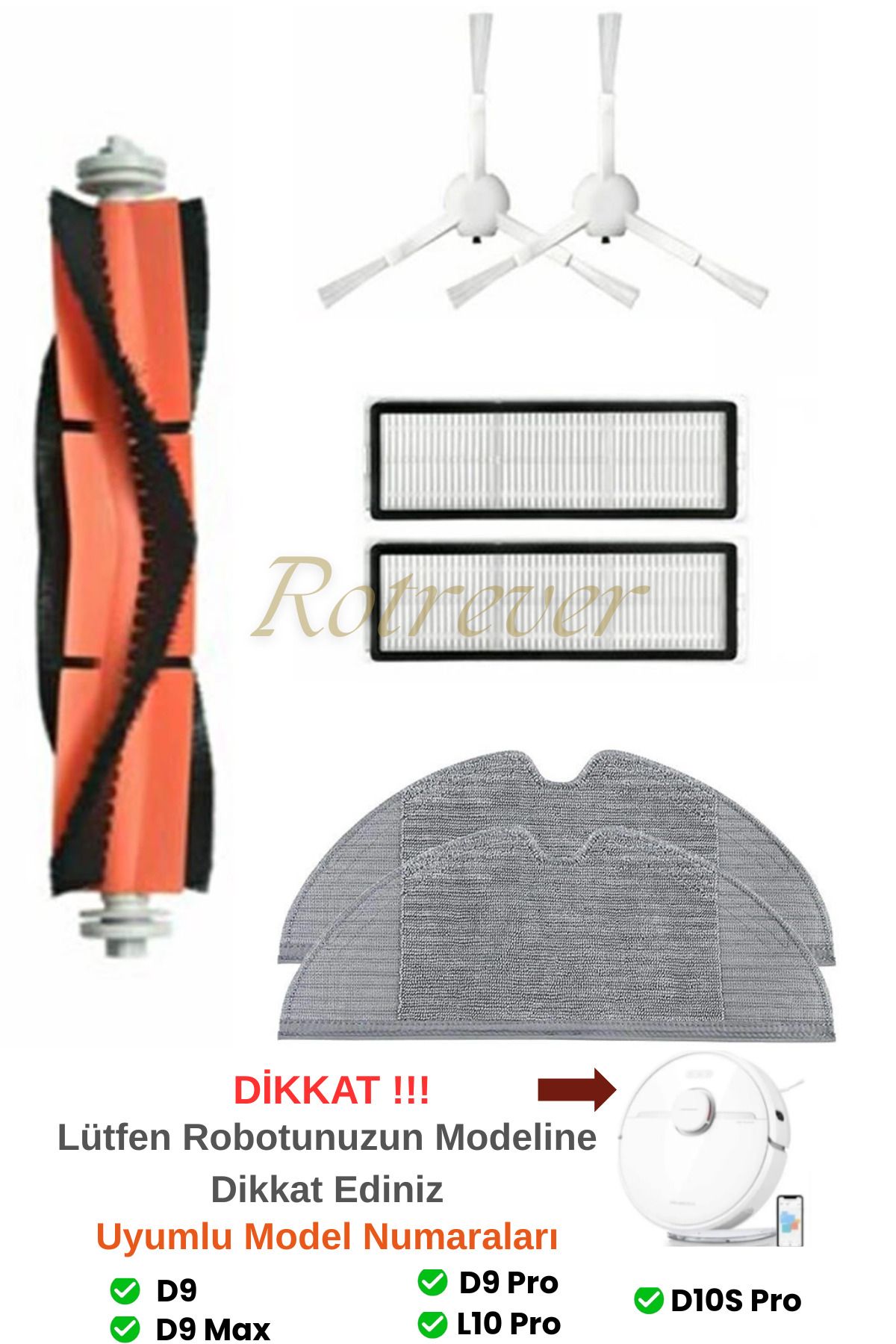 RotRever Dreame Bot L10 Pro (L10S PRO DEĞİL) Uyumlu Hepa Filtre,Fırça,Mop Paspas Yedek Parça Seti-7 Parça