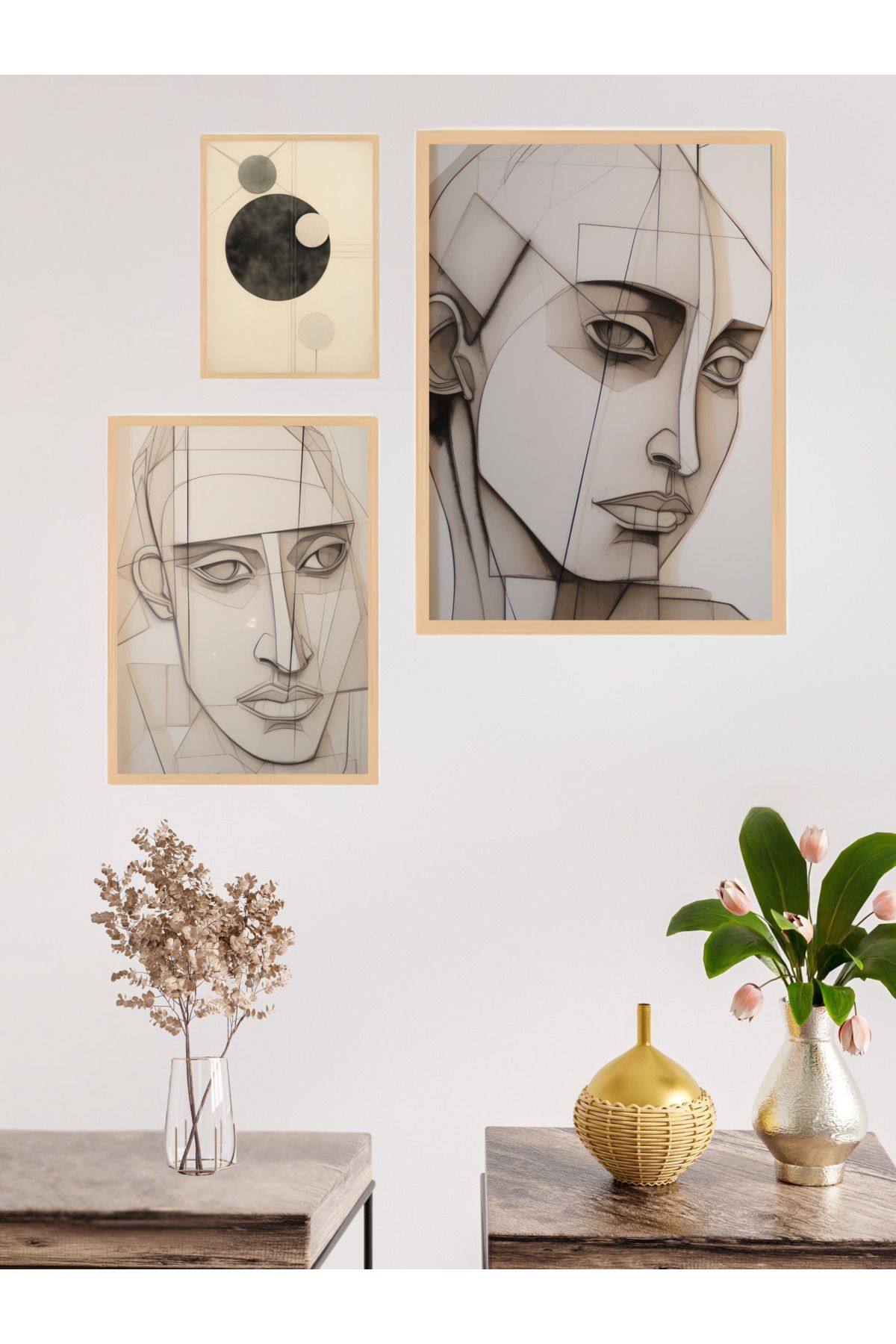 woodhomeworks 3'lü Set Doğal Ahşap çerçeveli tablo seti
