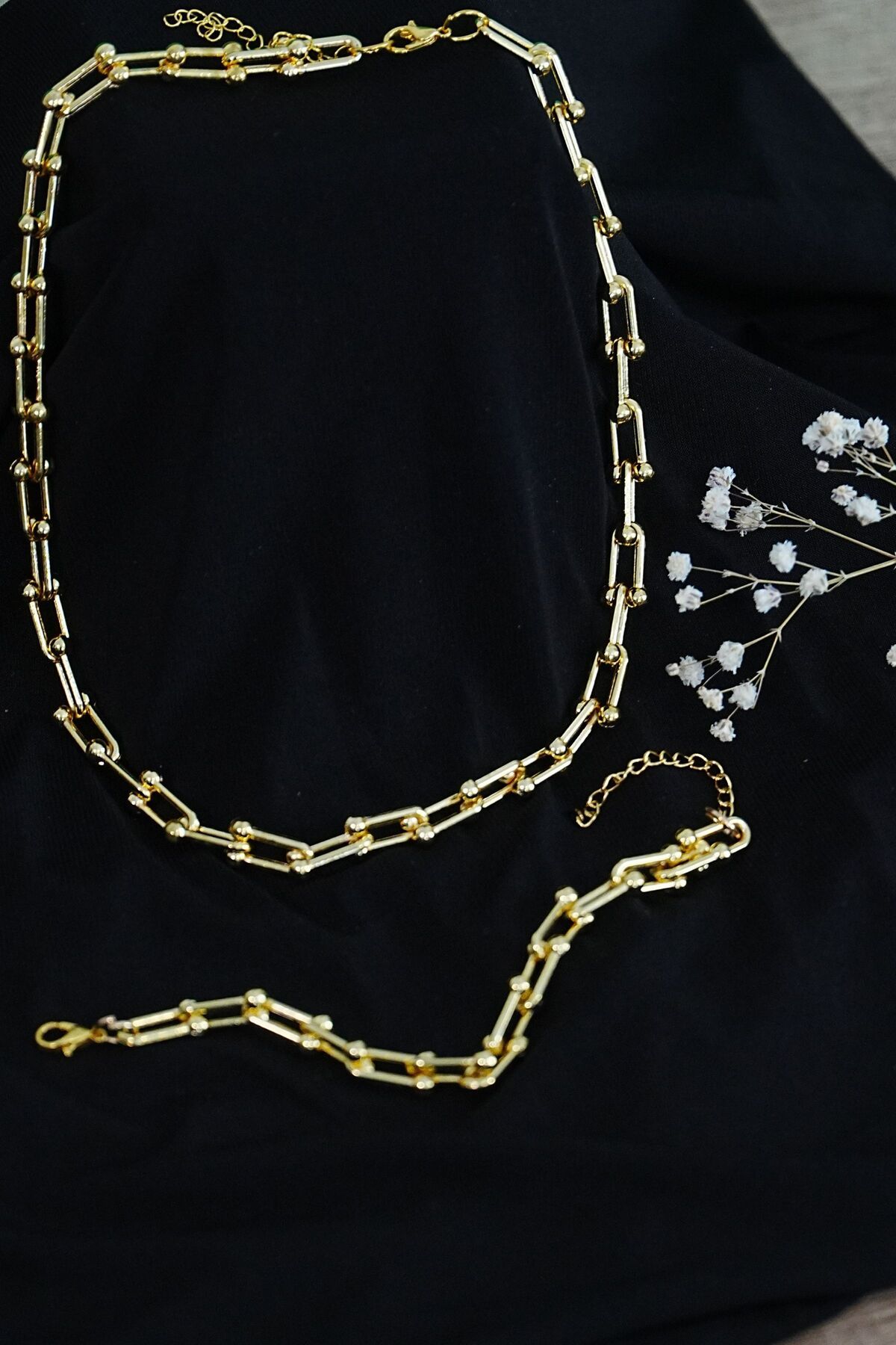 MURAHZE Gold Renk Kadın Kalın Zincir Takı Seti Kolye ve Bileklik 2li