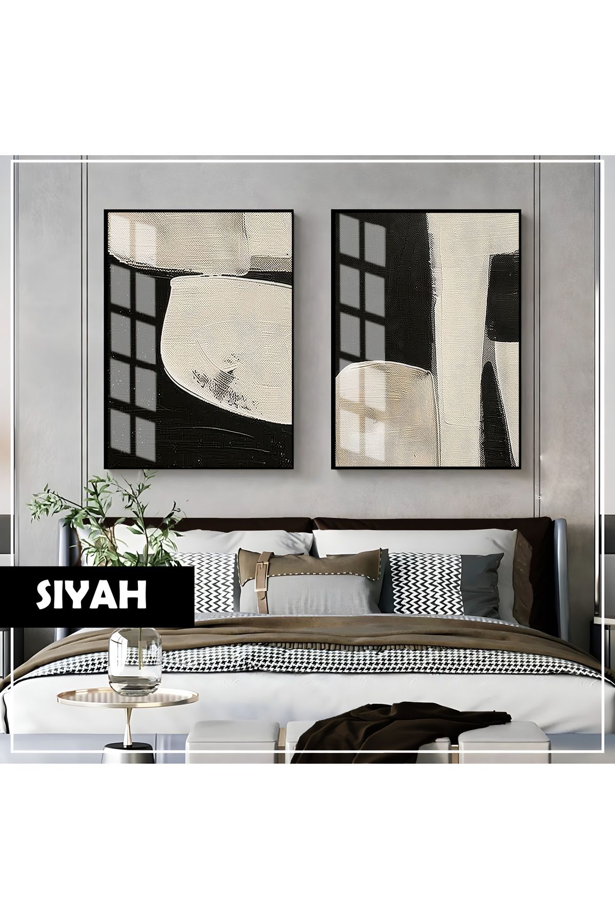 Harikabirev HARİKABİREV|SOYUT|SİYAH-KREM SOFT ABSTRACT KOMBİN|ÇERÇEVELİ CAM TABLO 2Lİ DİKEY