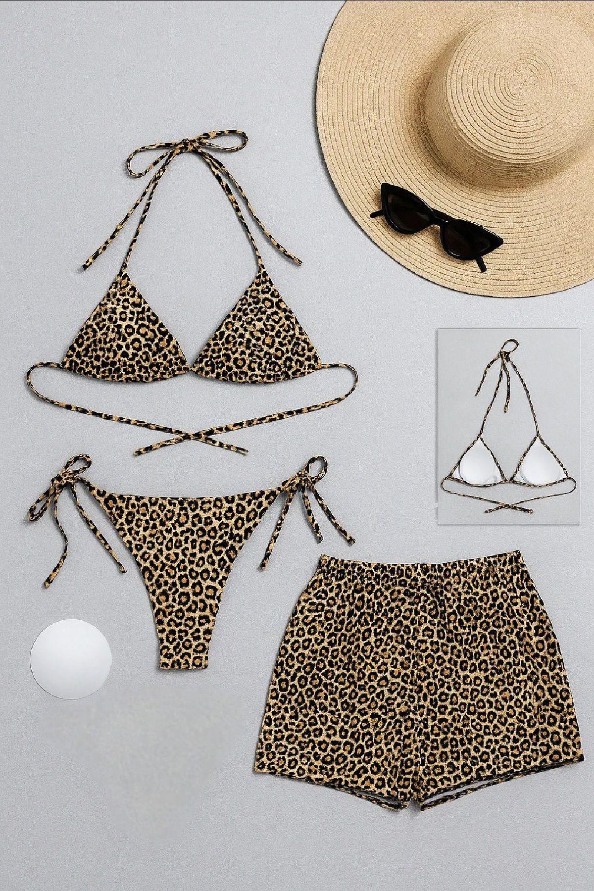 Albayrak Kadın 3'lü Set Leopar Desenli Şortlu ve Yandan Bağlamalı Bikini Mayo Takımı