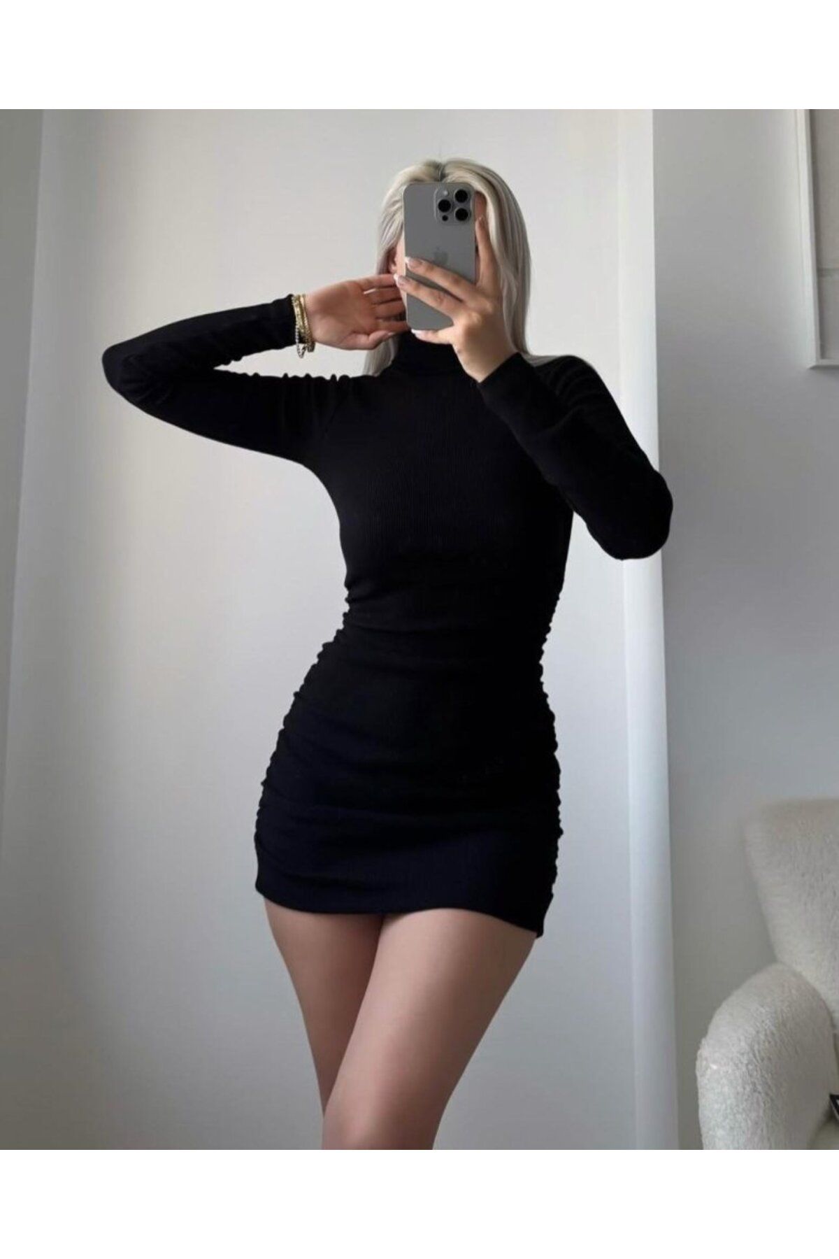 DEAG Kadın Uzun Kollu Balıkçı Yaka Büzgü Detay Kaşkorse Kumaş Mini Elbise