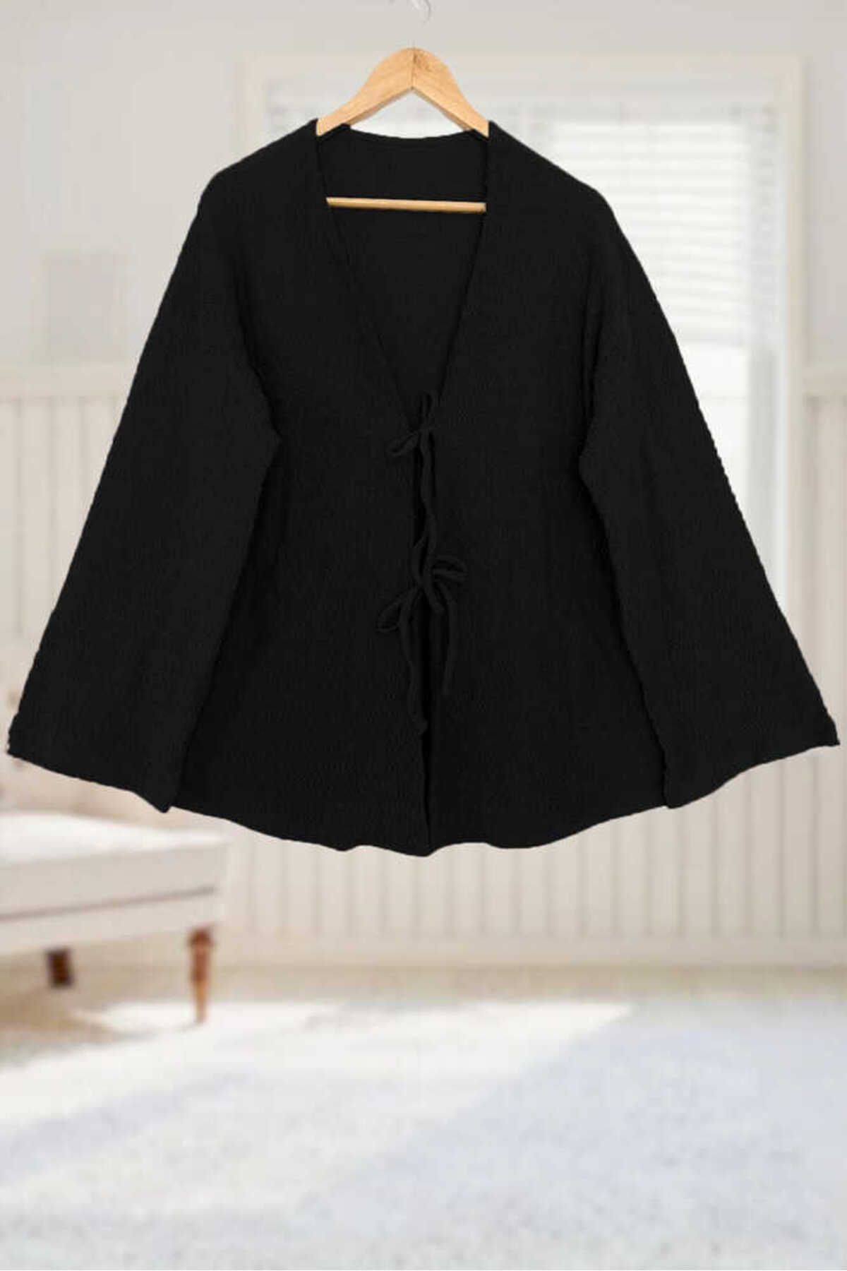 Aişe tesettür Siyah Önü Bağlamalı Kimono Tunik / Likralı Ütü İstemez Kumaş