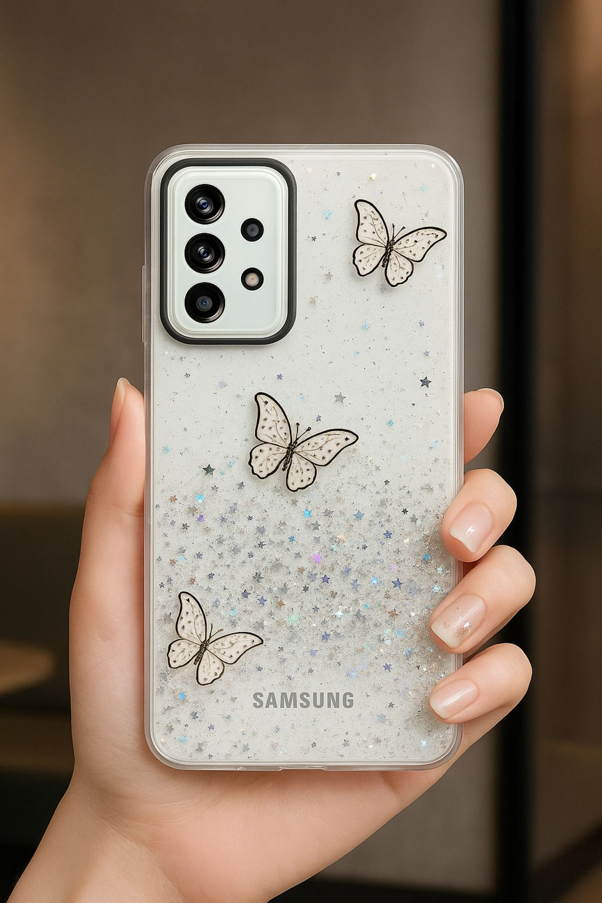 Rivor Samsung Galaxy A52 & A52S Kılıf Kamera Çıkıntılı Simli Kelebek Kabartmalı Desenli İnce Premium Kapak