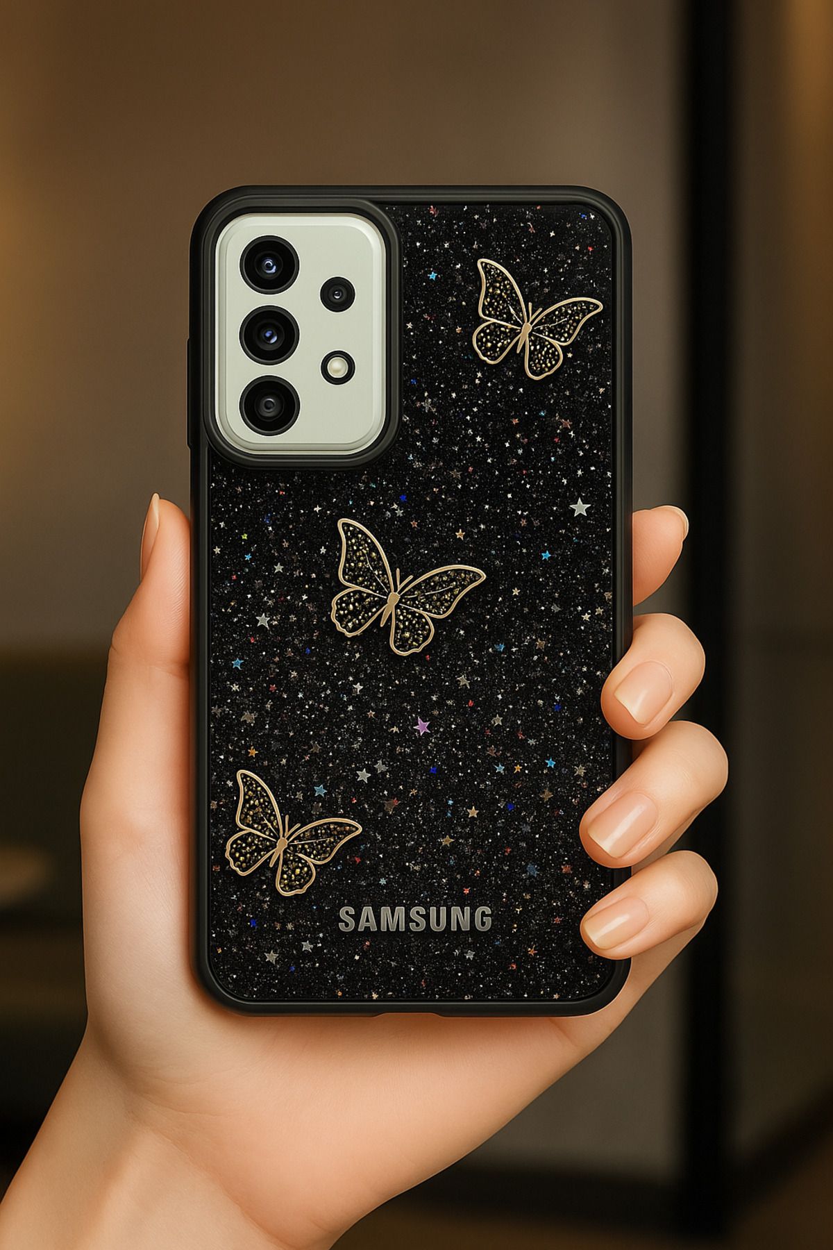 Rivor Samsung Galaxy A52 & A52S Kılıf Kamera Çıkıntılı Simli Kelebek Kabartmalı Desenli İnce Premium Kapak