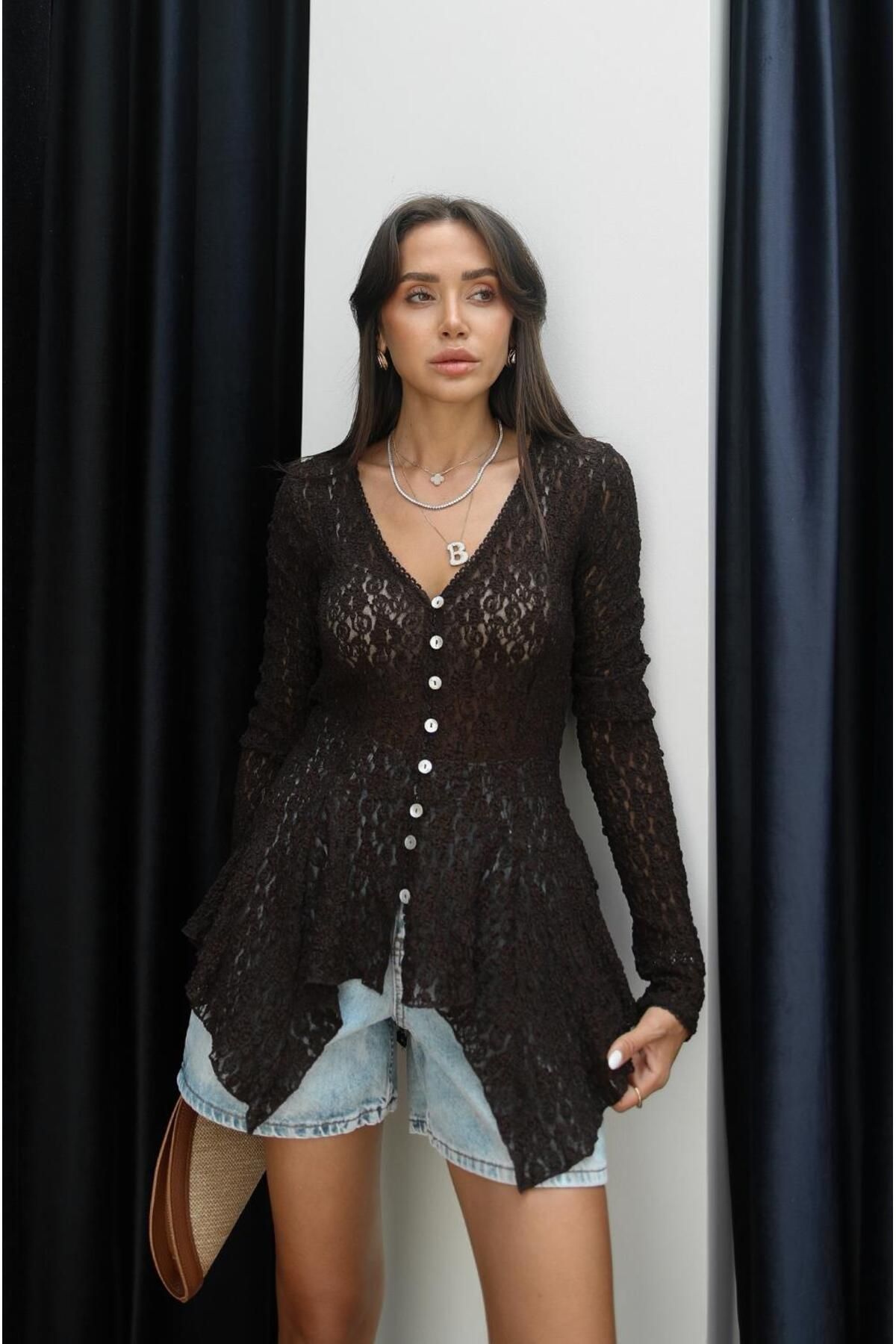 Havoş Acı Kahve Peplum Dantel Hırka