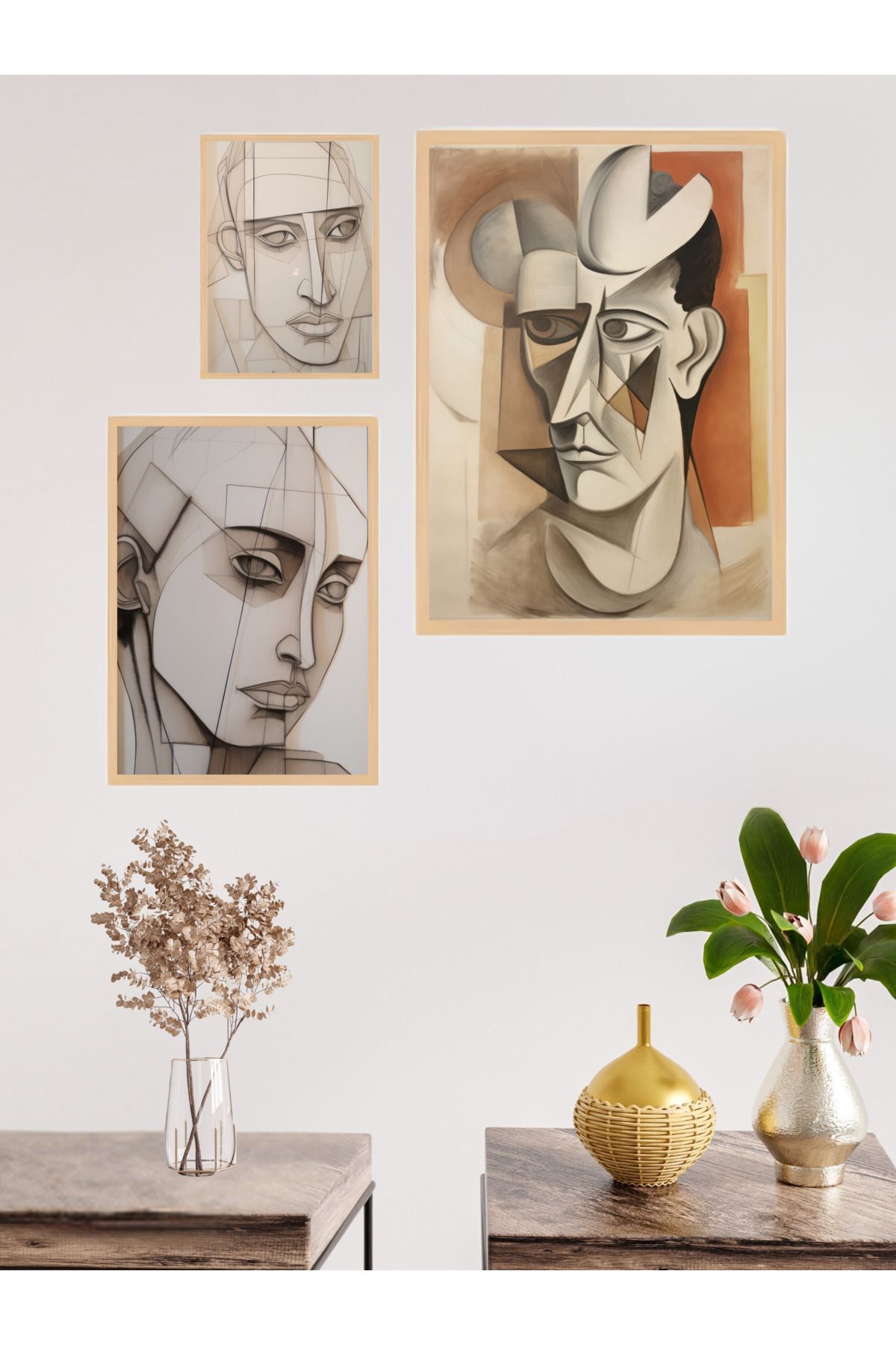 woodhomeworks 3'lü Set Doğal Ahşap çerçeveli tablo seti