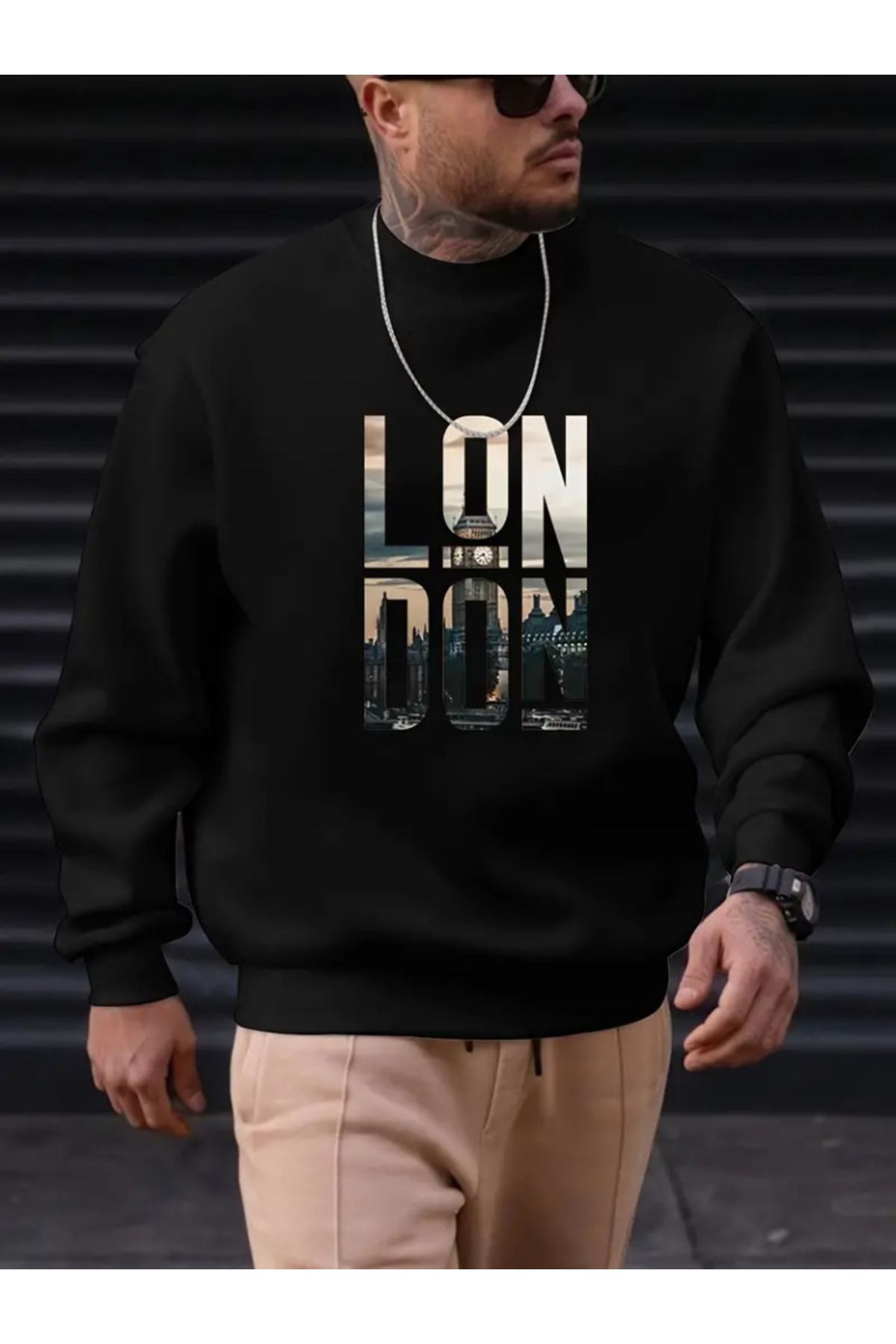 DEAG Erkek Uzun Kollu Bisiklet Yaka London Logo Baskılı Iki Iplik Bluz