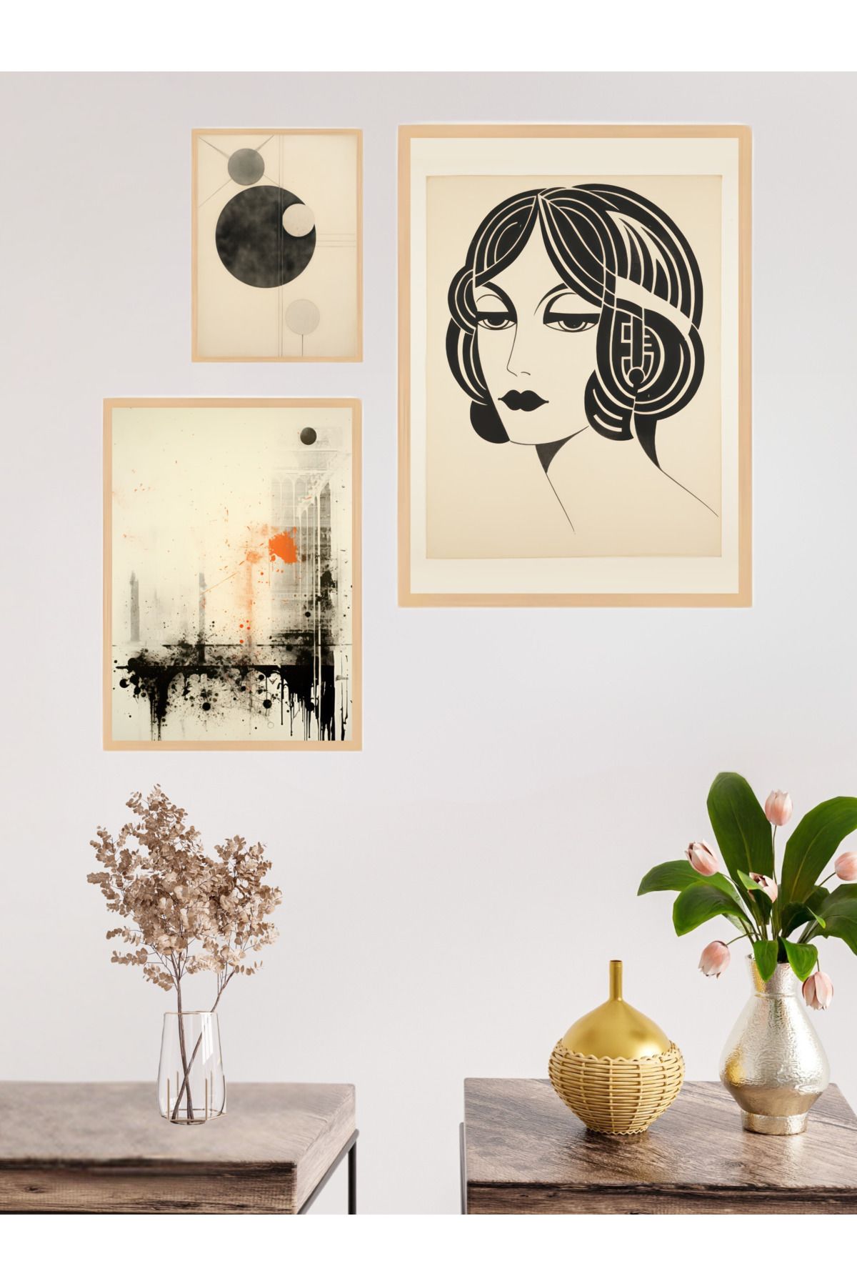woodhomeworks 3'lü Set Doğal Ahşap çerçeveli tablo seti