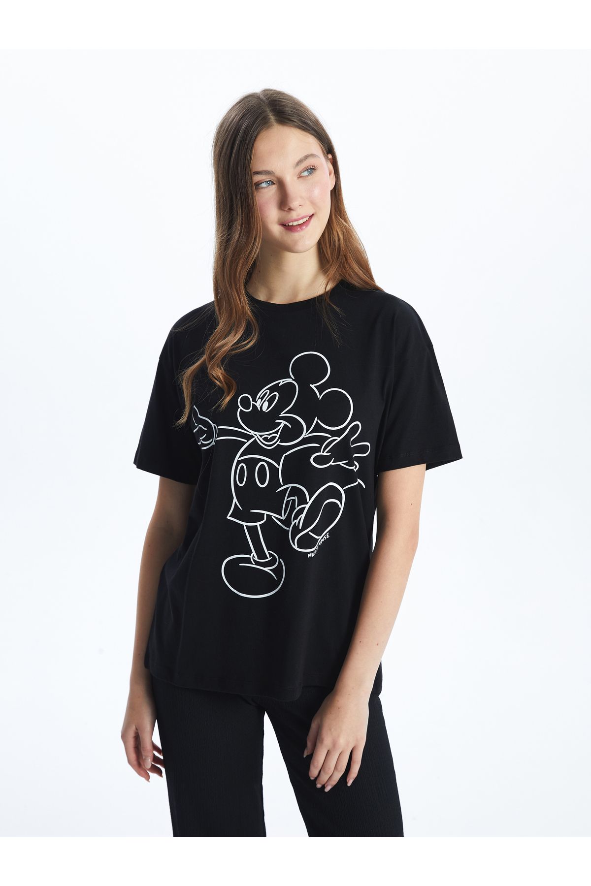 LC Waikiki Bisiklet Yaka Mickey Mouse Baskılı Kadın Tişört