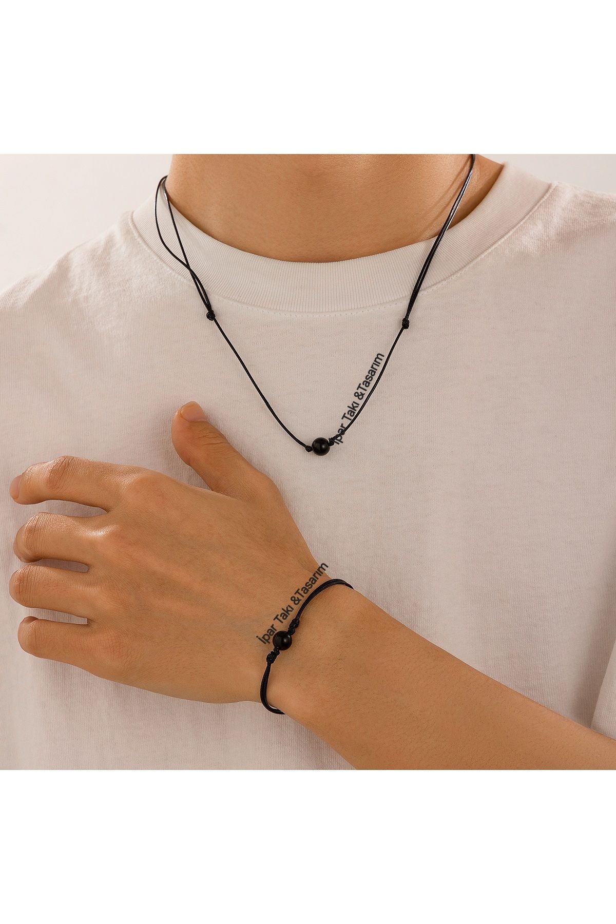 İPAR AKSESUAR MODA KİŞİSELLEŞTİRİLMİŞ DOGAL TAŞLİ AKİK TAŞLİ AYARLANABİLİR İPLİ KOLYE BİLEZİK SETİ