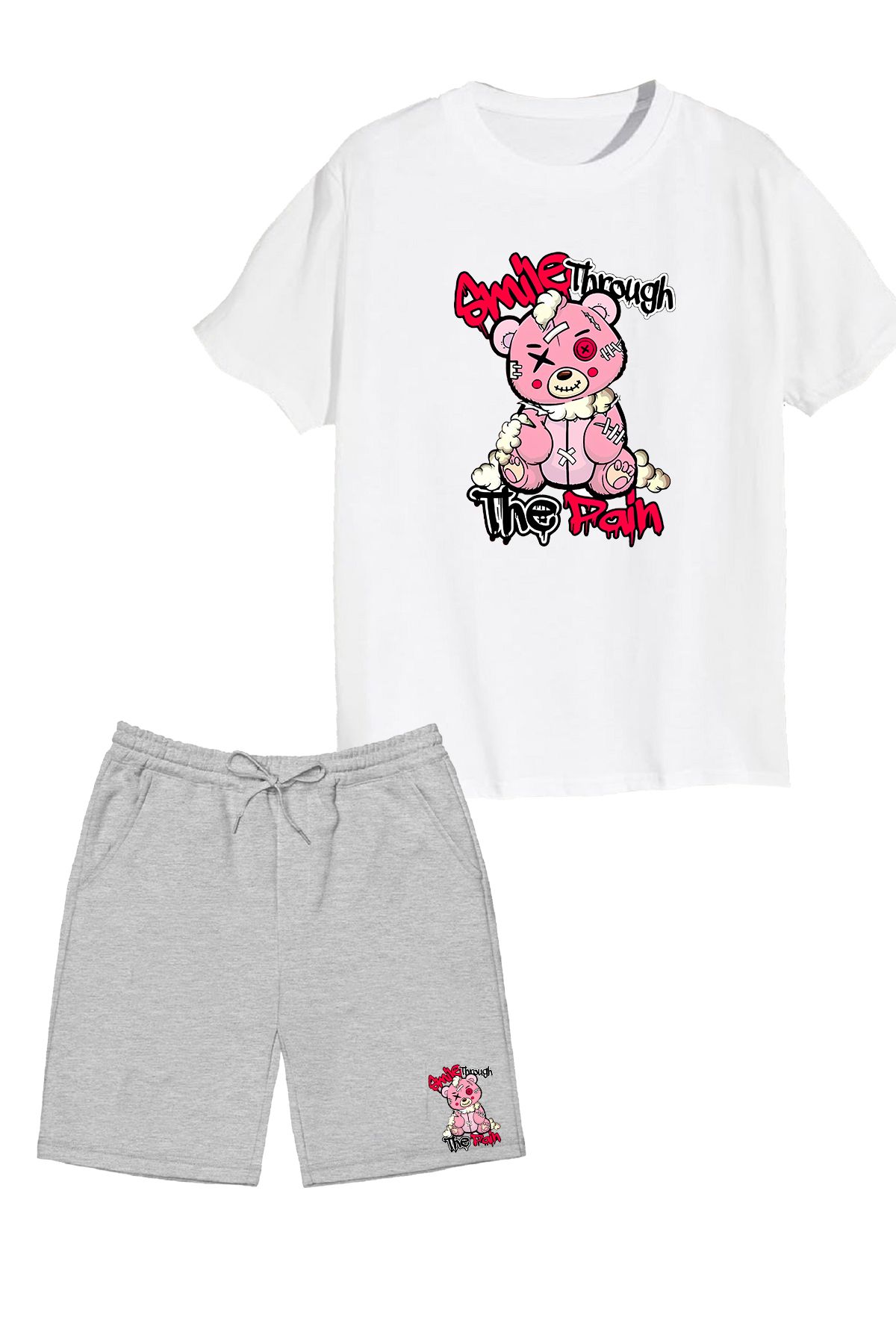 makiteks Pamuk 2'li Set Düz Renk Kadın Regular Şort ve Tshirt Tişört Smile Through Pain