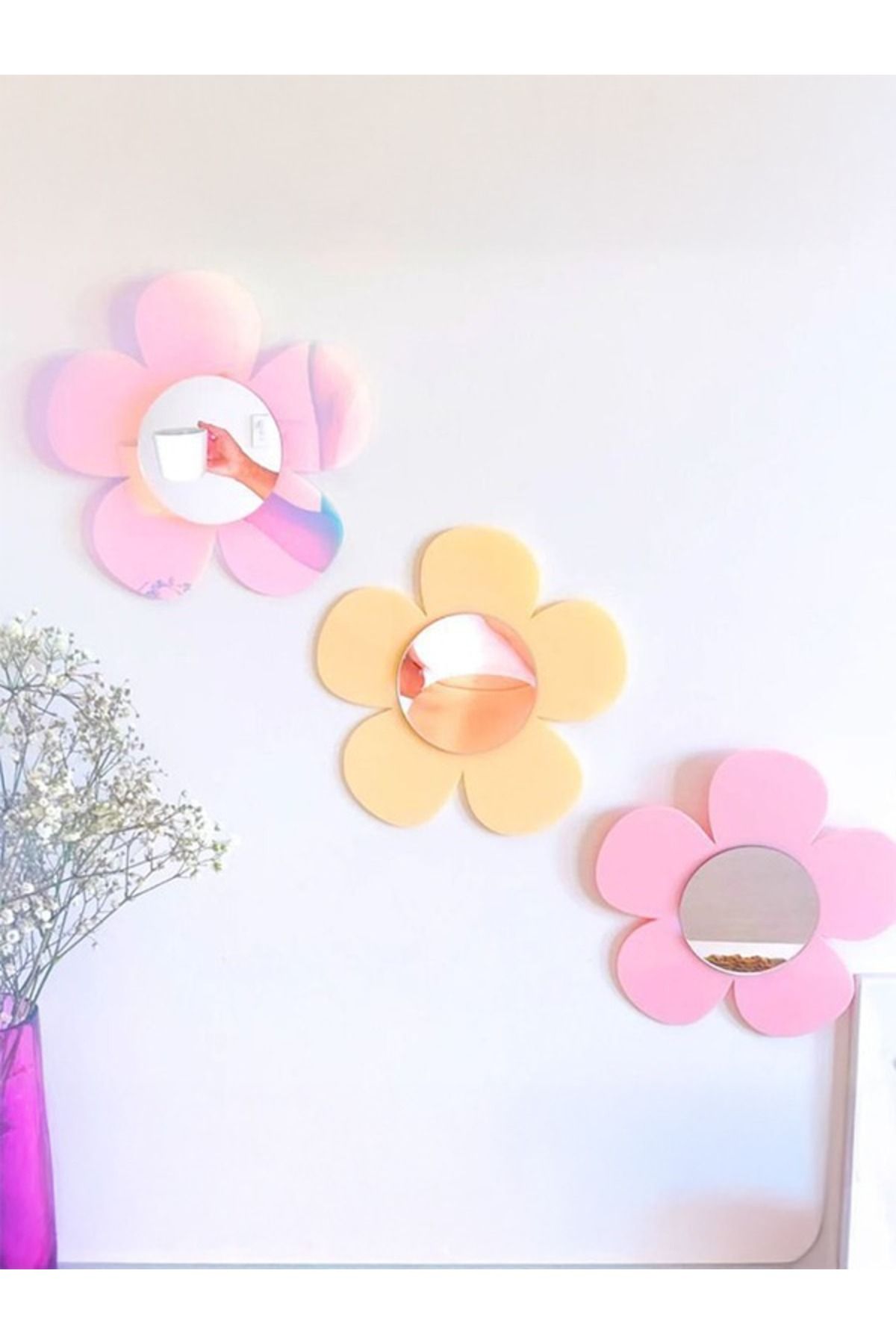 Handmade Çocuk Odası Dekoratif Çiçek Ayna 3'lü