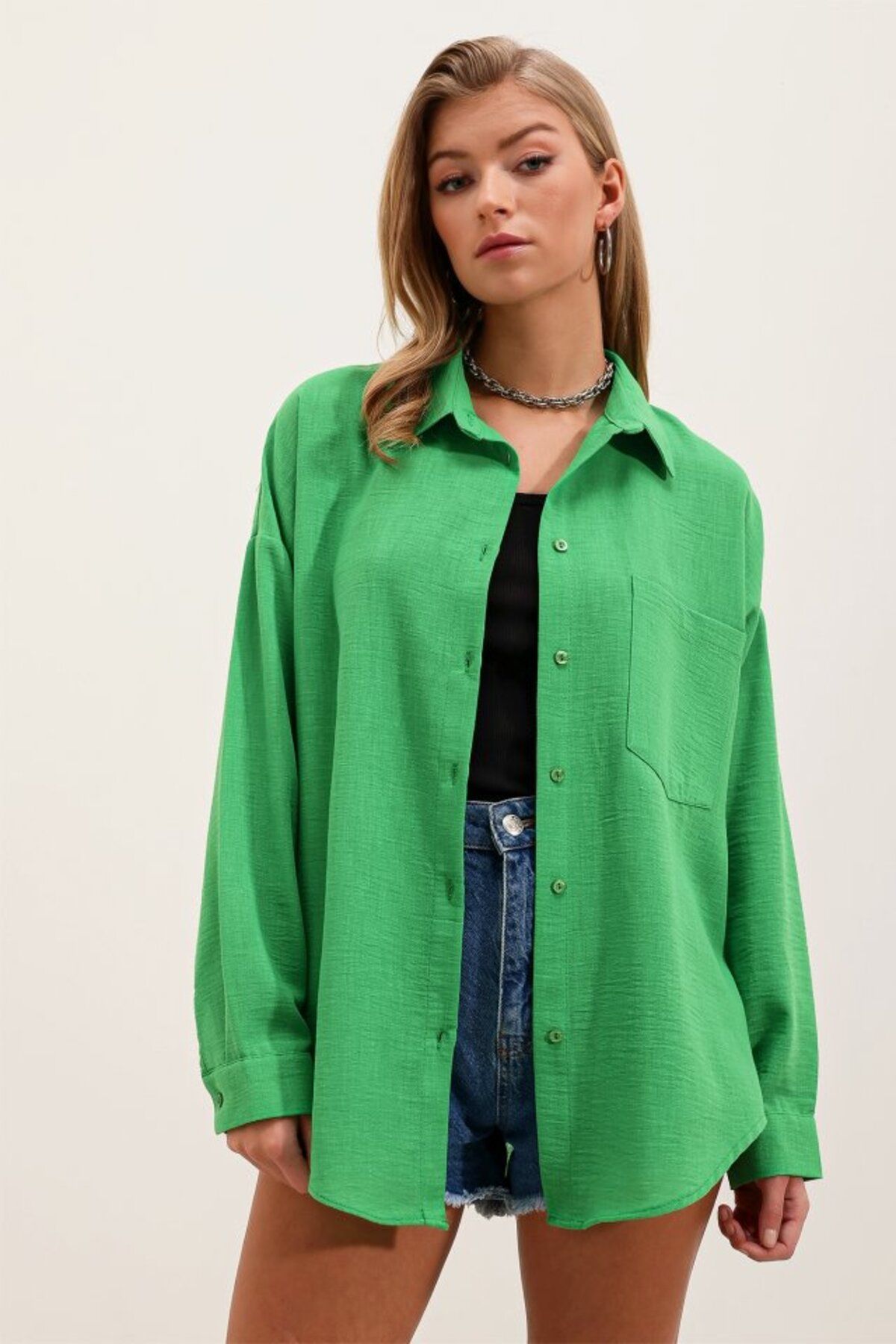 DEAG 20153 Tek Cepli Oversize Gömlek - Yeşil