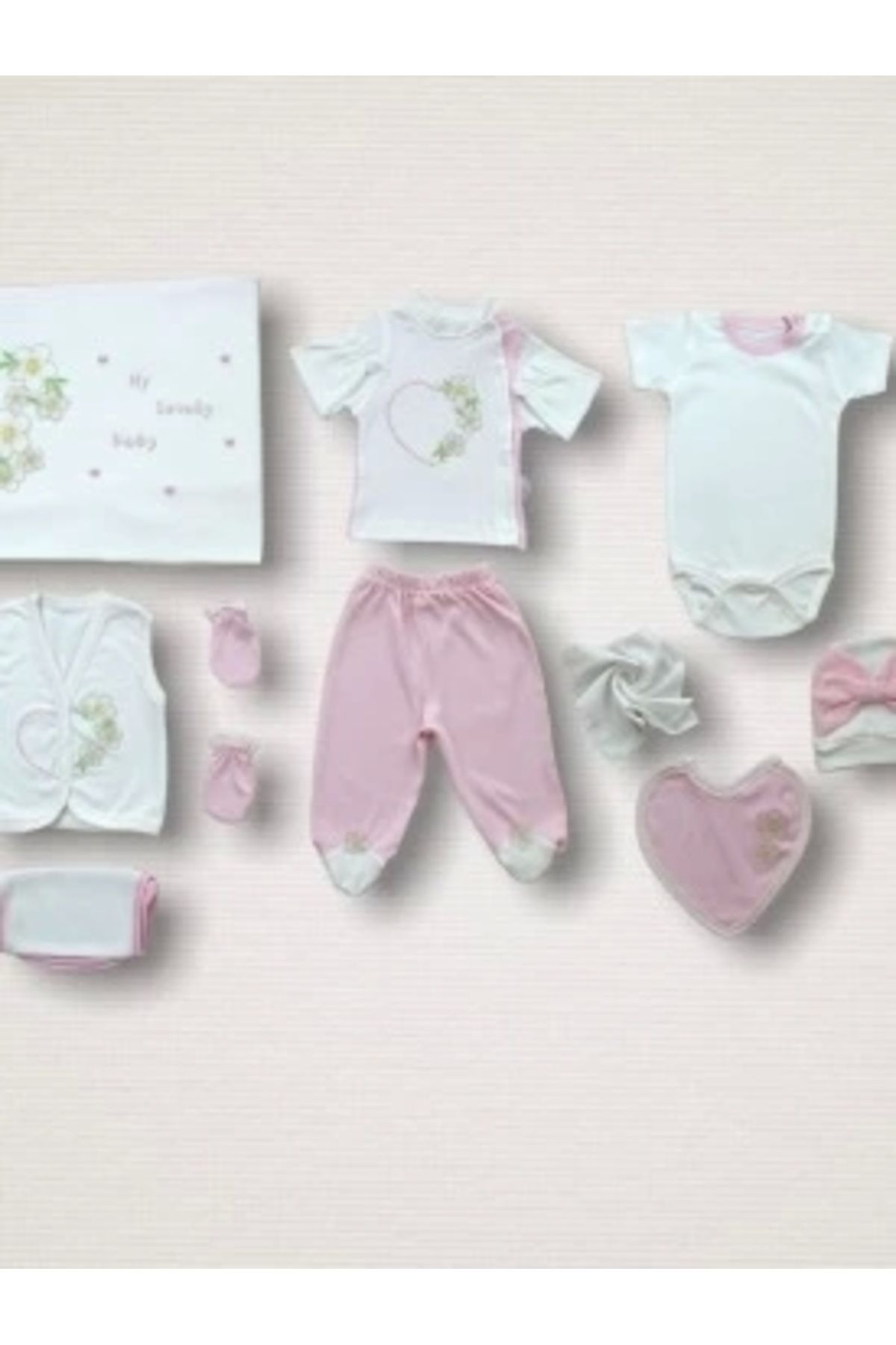 Diji Baby Baharın Çiçekli Kalbi Nakışlı %100 Cotton Antibakteriyel 10lu Zıbın Takımı Hastane Çıkışı