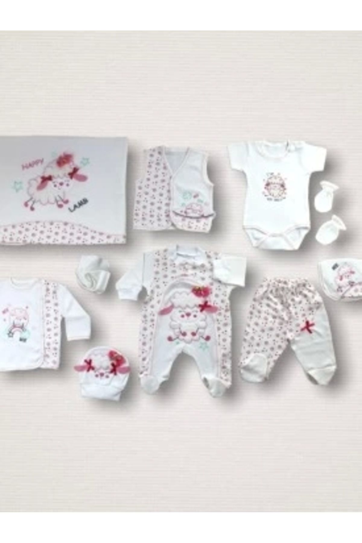 Diji Baby Kıvırcık Kuzu Nakışlı %100 Cotton Antibakteriyel 10lu Zıbın Takımı Hastane Çıkışı