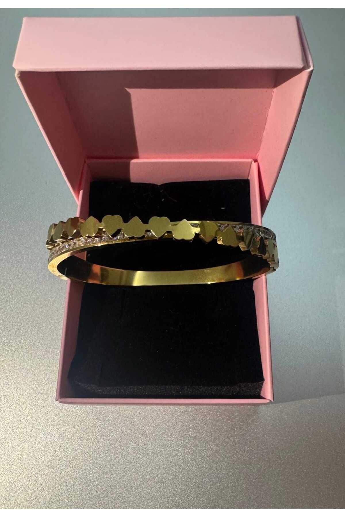 Butik Kalp Detay Taşlı Çelik Kelepçe Bileklik