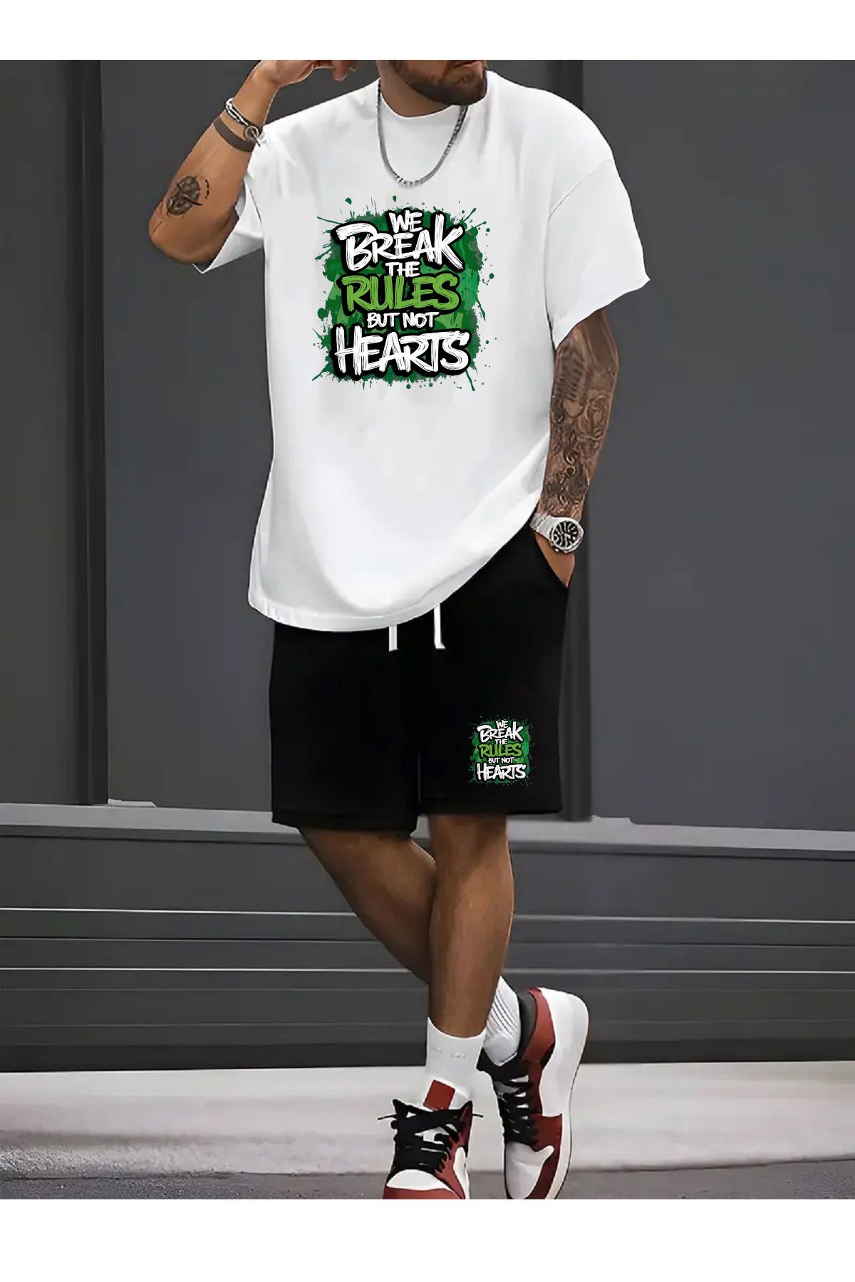 makiteks Pamuk 2'li Set Düz Renk Erkek Kadın Unisex Regular Şort ve Tshirt Tişört Break Rules Not Heart