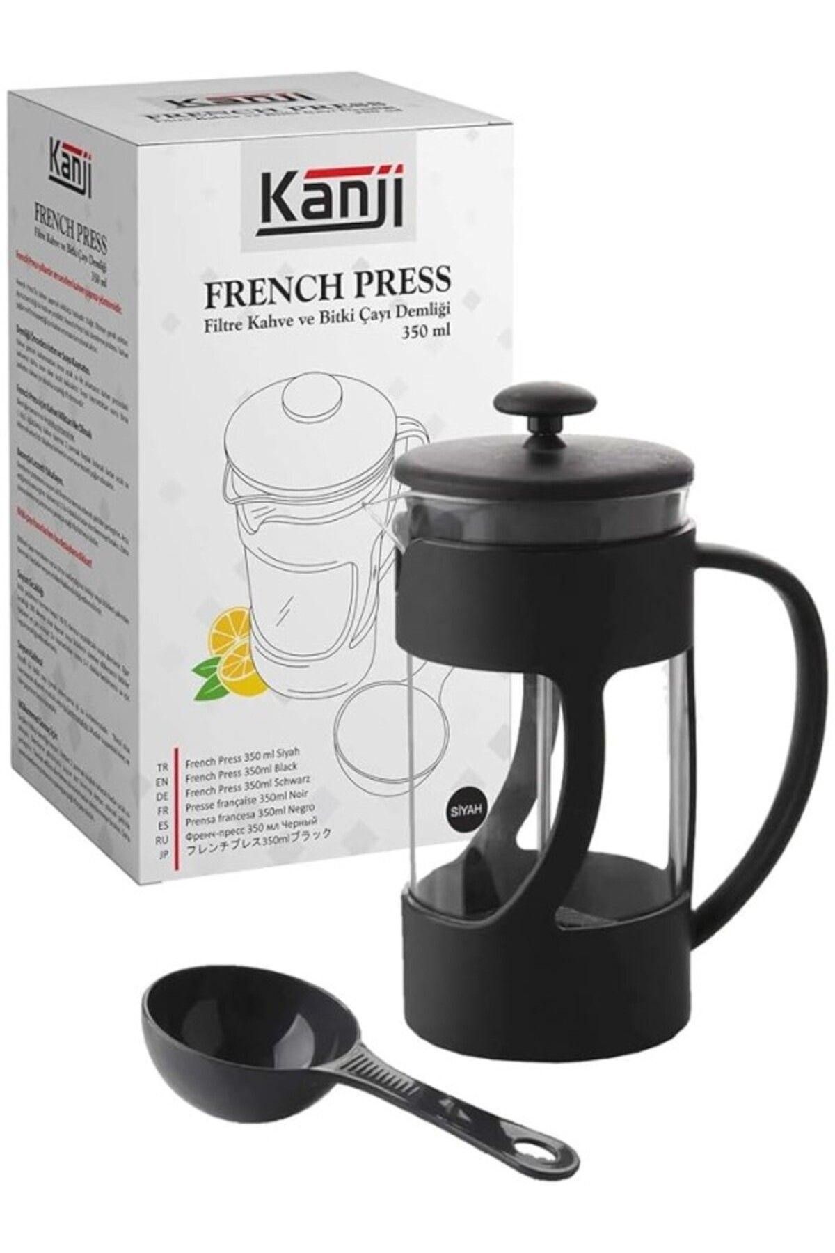 ShopZum Kanji 350 Ml Cam French Press Ölçü Kaşığı Hediyeli - Siyah