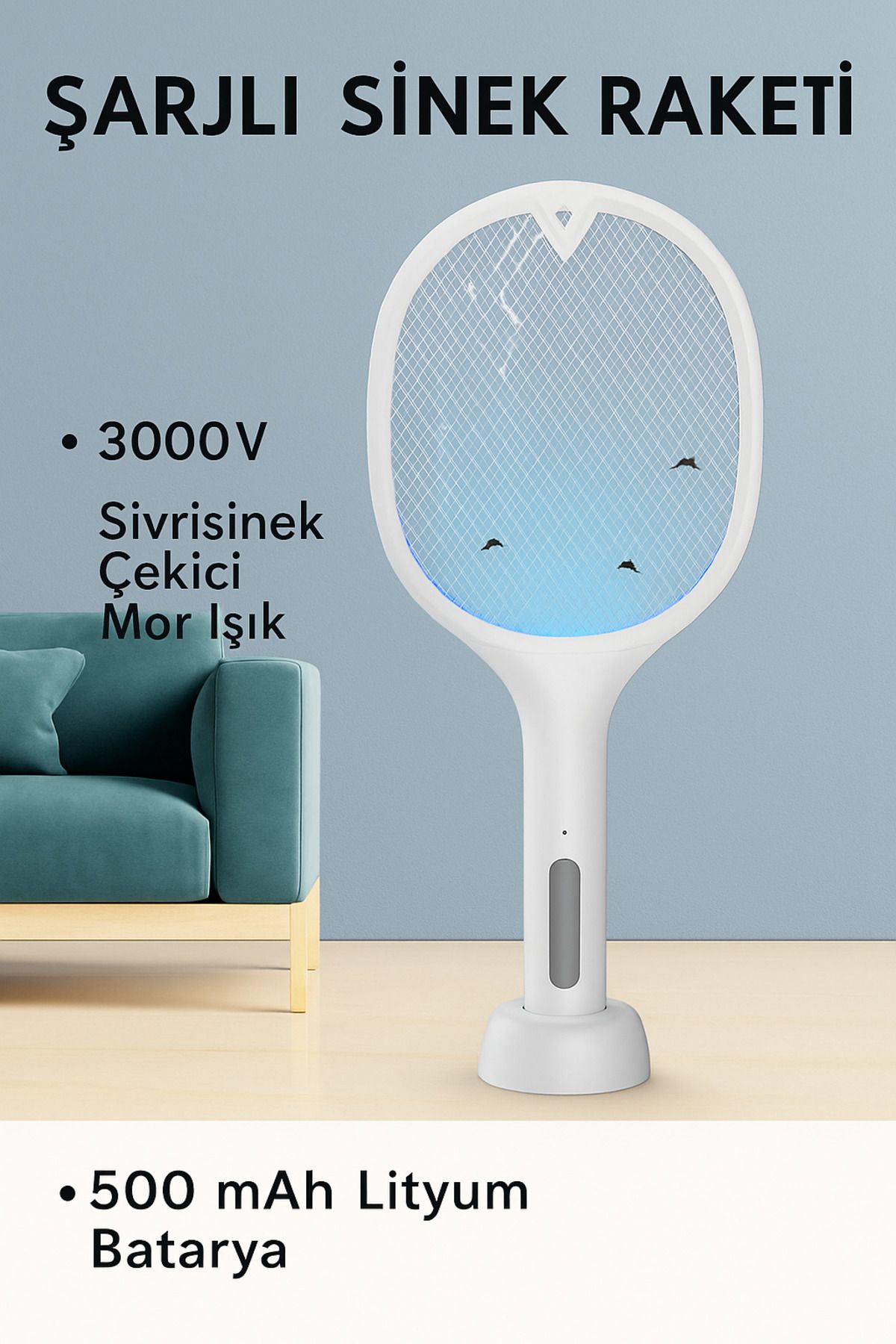 Qifit Şarjlı Elektrikli Sinek Raketi 3000V | UV Işıklı | Güvenli 3 Katmanlı | Haşere Kovucu Cihaz
